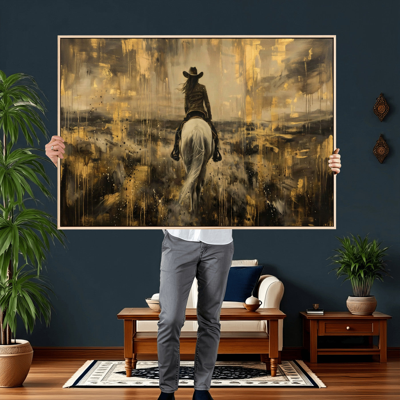 20465530-MGV-CV-36X24 - Cowgirl Wall Art Canvas Print, Western Horse Rider Wall Art, Framed Wall Art Ready to Hang