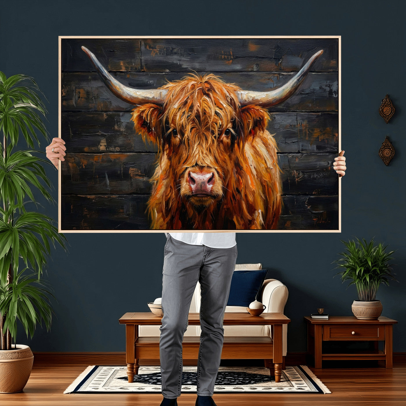 32536611-MGV-CV-36X24 - Highland Cow Wall Art Canvas Print, Rustic Farm Animal Painting, Framed Wall Art Ready to Hang