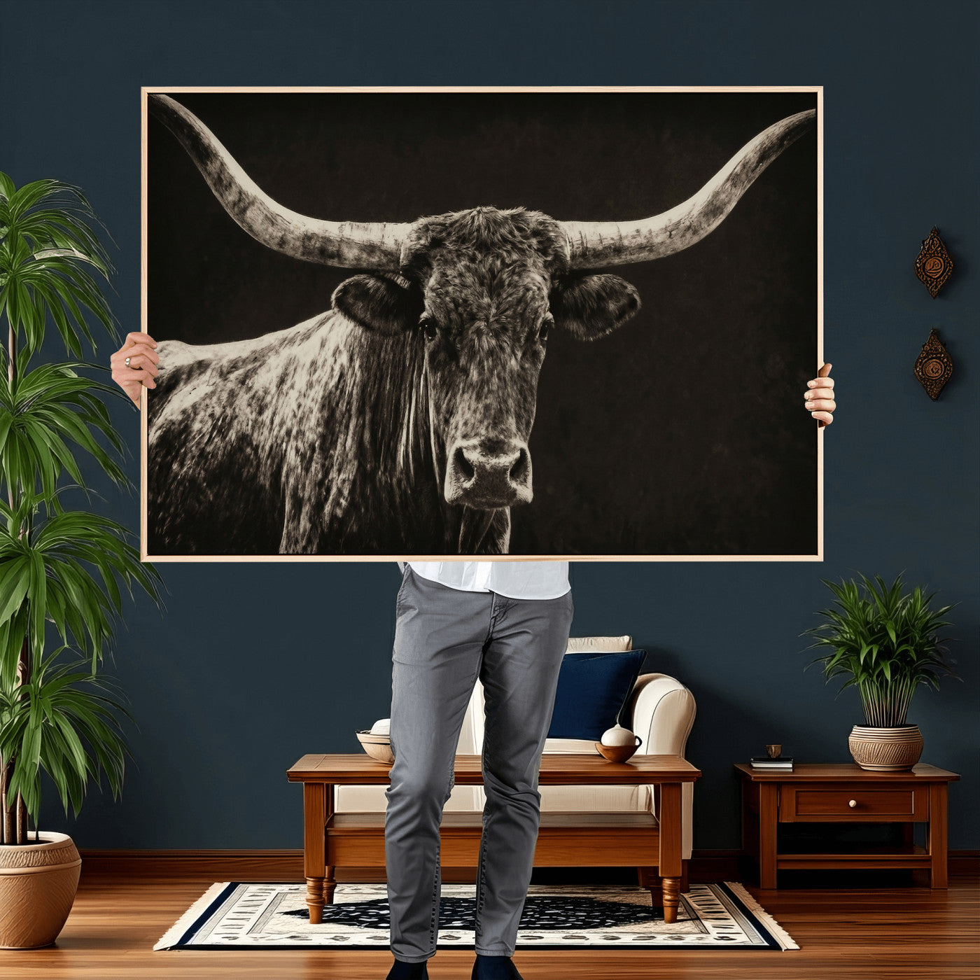 74513721-MGV-CV-36X24 - Vintage Texas Longhorn Bull Wall Art Canvas Print, Cow Portrait Photography Print, Framed Wall Art Ready to Hang