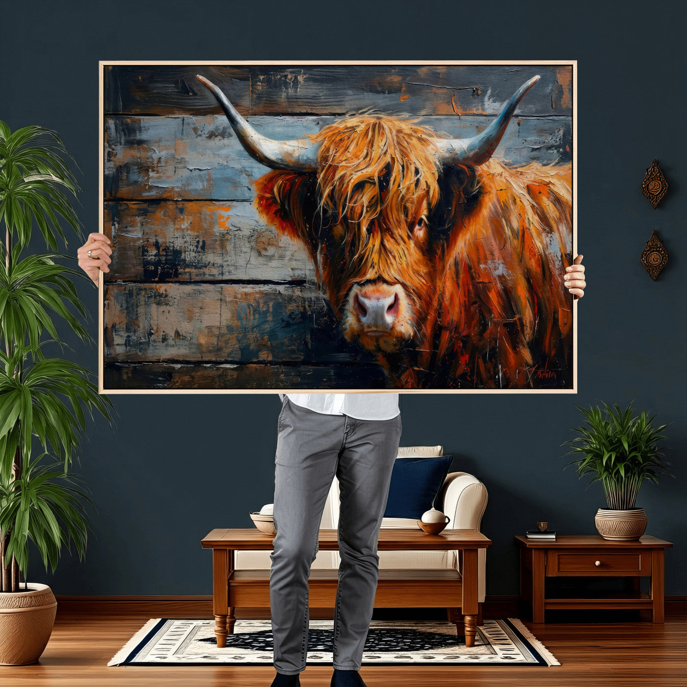 90271423-MGV-CV-36X24 - Highland Cow Wall Art Canvas Print, Abstract Rustic Farm Animal Wall Art Print, Framed Wall Art Ready to Hang
