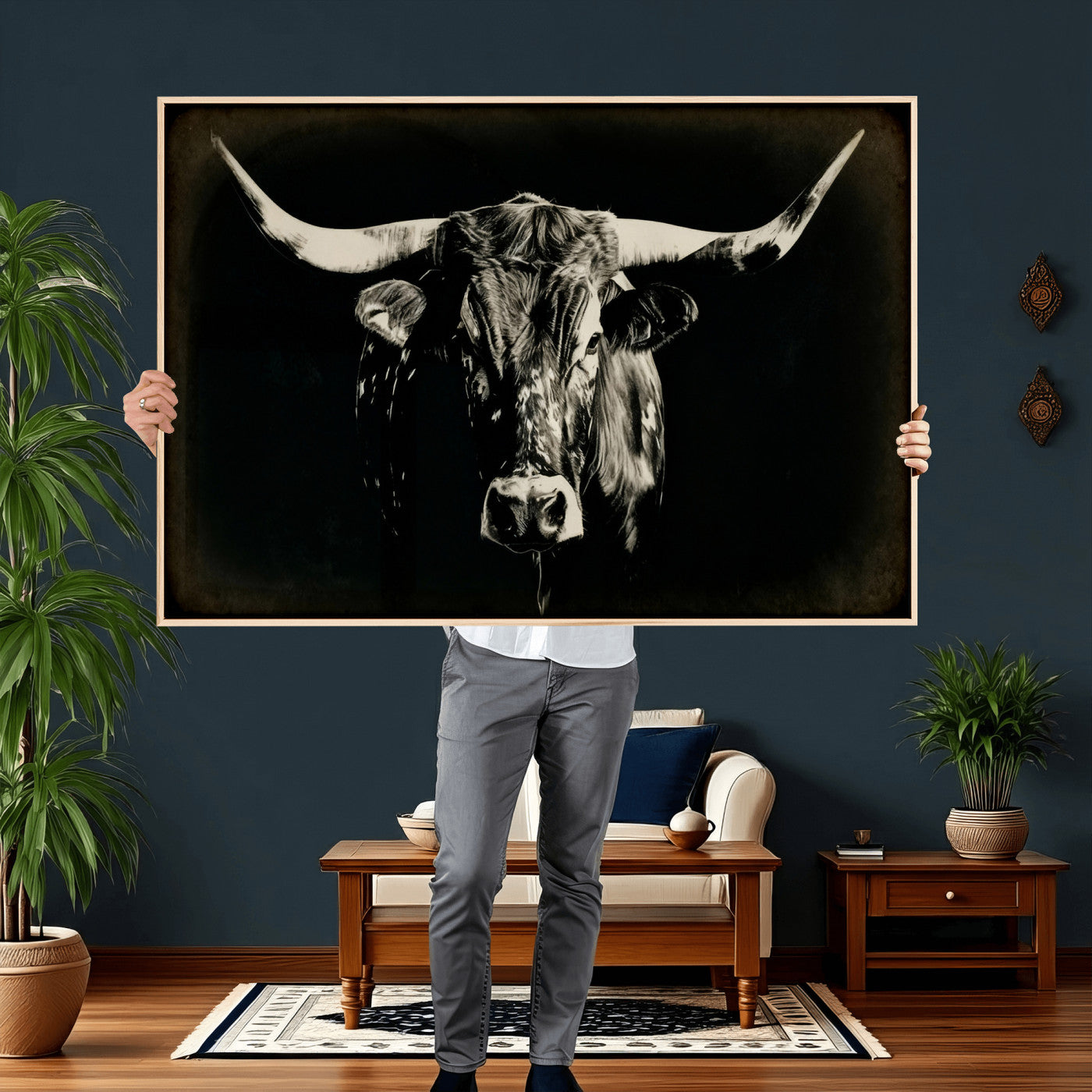 91364114-MGV-CV-36X24 - Black Bull Wall Art Canvas Print, Texas Longhorn Portrait Print, Framed Wall Art Ready to Hang