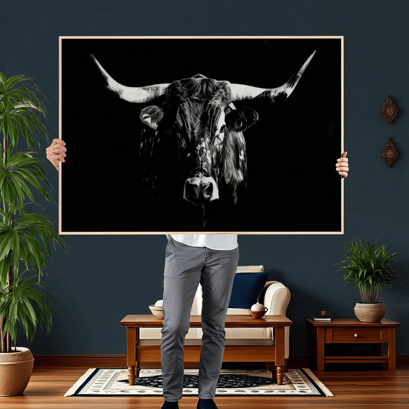 21436434-MGV-CV-36X24 - Black Bull Wall Art Canvas Print, Dark Longhorn Portrait Photography, Framed Wall Art Ready to Hang