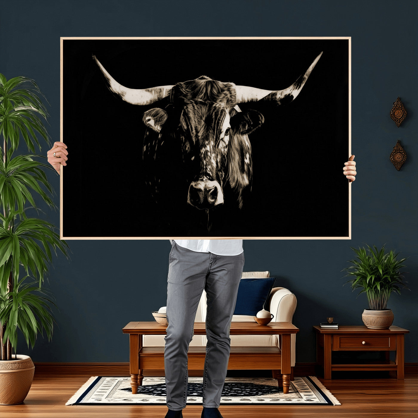 75774468-MGV-CV-36X24 - Black Bull Wall Art Canvas Print, Dark Longhorn Portrait Photography, Framed Wall Art Ready to Hang