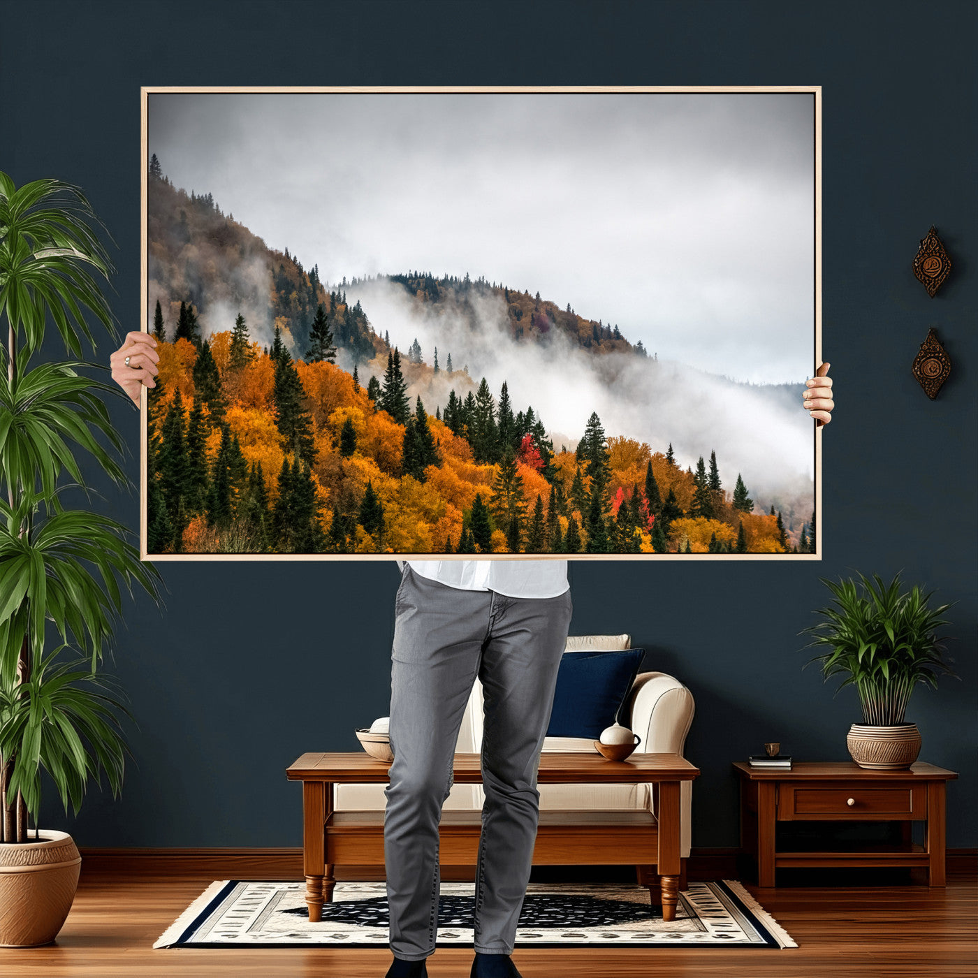93581632-MGV-CV-36X24 - Autumn Forest Wall Art Canvas Print, Foggy Mountain Landscape Nature Photography, Framed Wall Art Ready to Hang