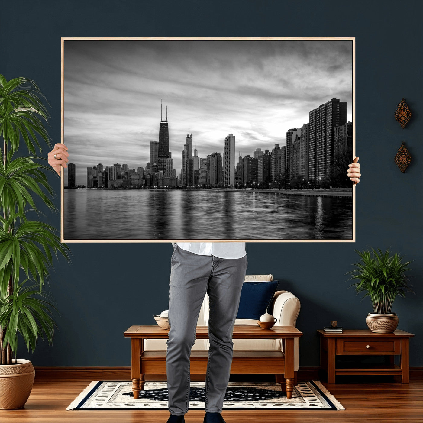 74552581-MGV-CV-36X24 - Chicago Wall Art Canvas Print, Chicago City Downtown Night Cityscape Print for Modern Urban Wall Decor