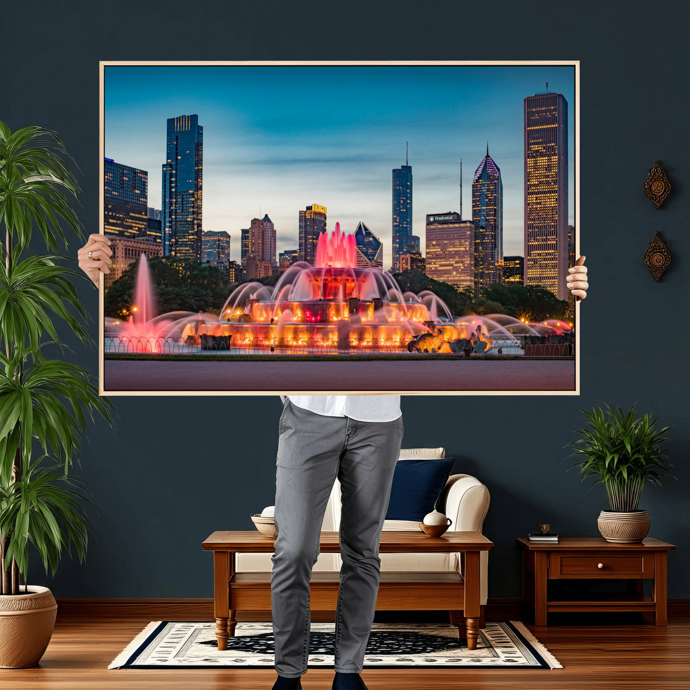 46805285-MGV-CV-36X24 - Chicago Wall Art Canvas Print, Chicago City Downtown Night Cityscape Print for Modern Urban Wall Decor