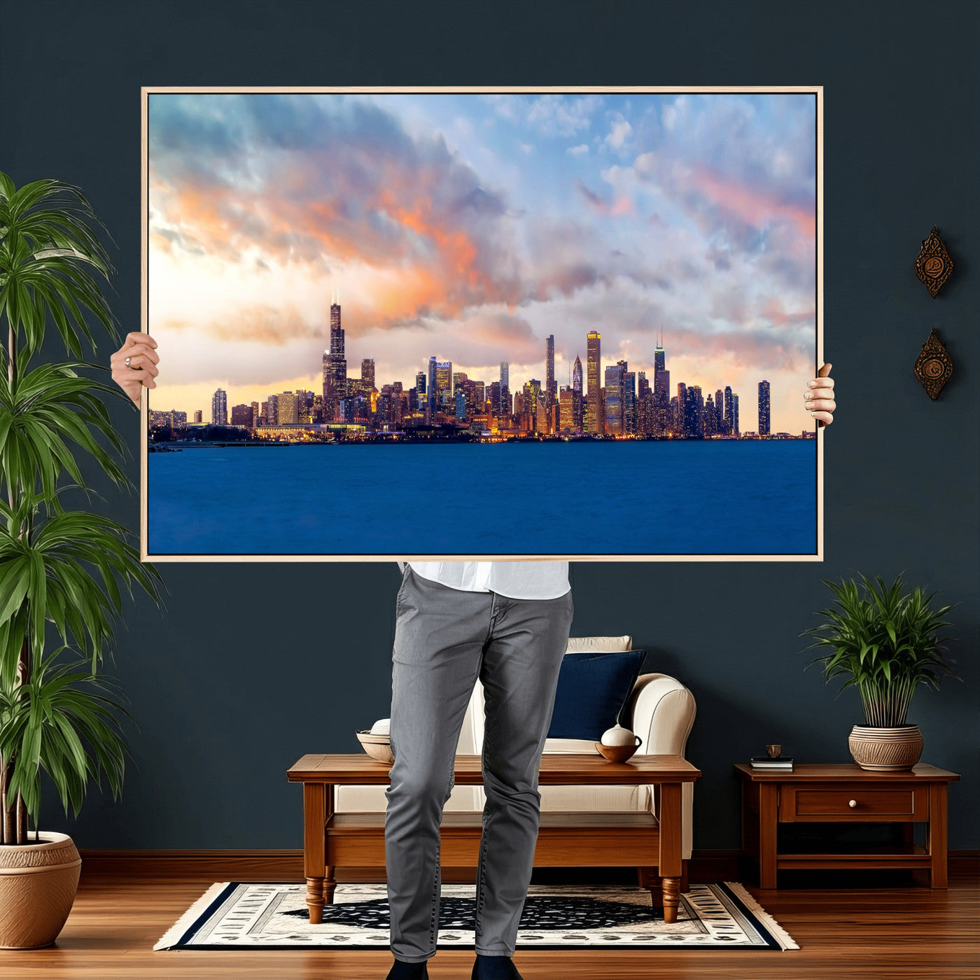 34667960-MGV-CV-36X24 - Chicago Wall Art Canvas Print, Chicago City Downtown Night Cityscape Print for Modern Urban Wall Decor