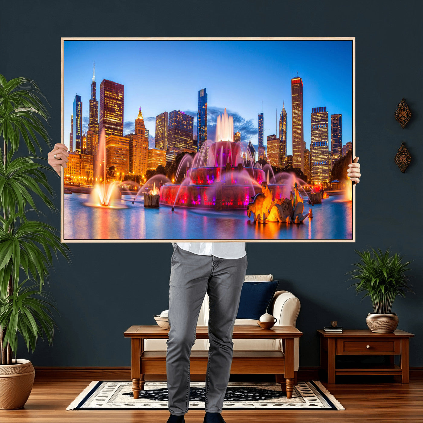 20251989-MGV-CV-36X24 - Chicago Wall Art Canvas Print, Chicago City Downtown Night Cityscape Print for Modern Urban Wall Decor