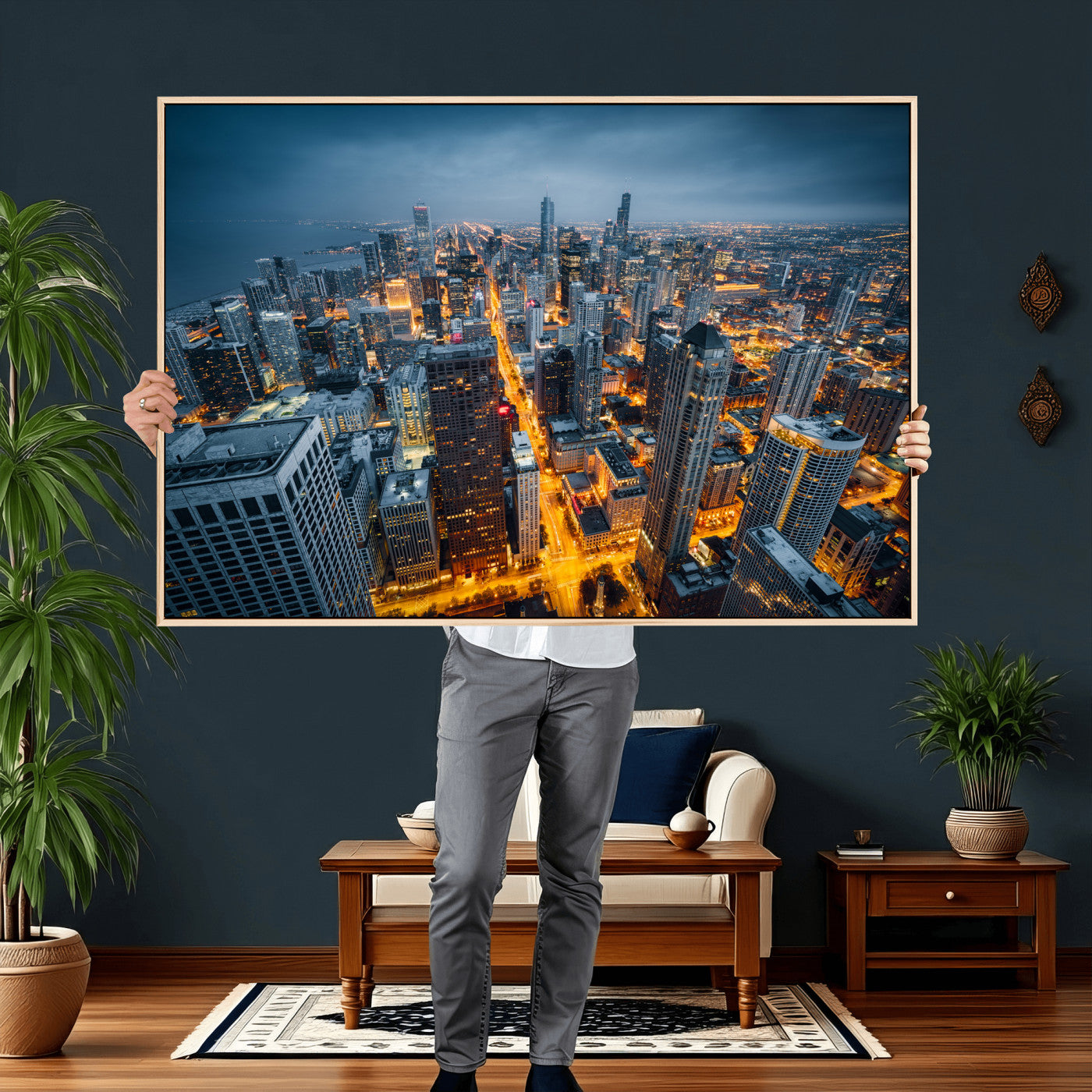 81742538-MGV-CV-36X24 - Chicago Wall Art Canvas Print, Chicago City Downtown Night Cityscape Print for Modern Urban Wall Decor