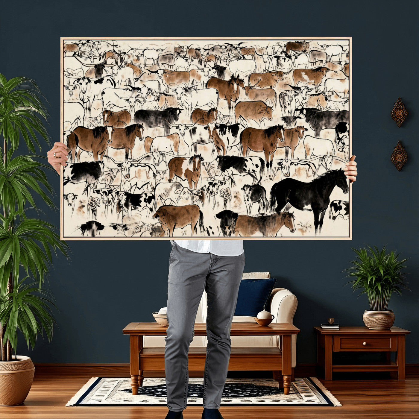 86150485-MGV-CV-36X24 - Farmhouse Animals Wall Art Canvas Print - Abstract Farm Animal Drawing Mid-Century Wall Art for Cabin Decor