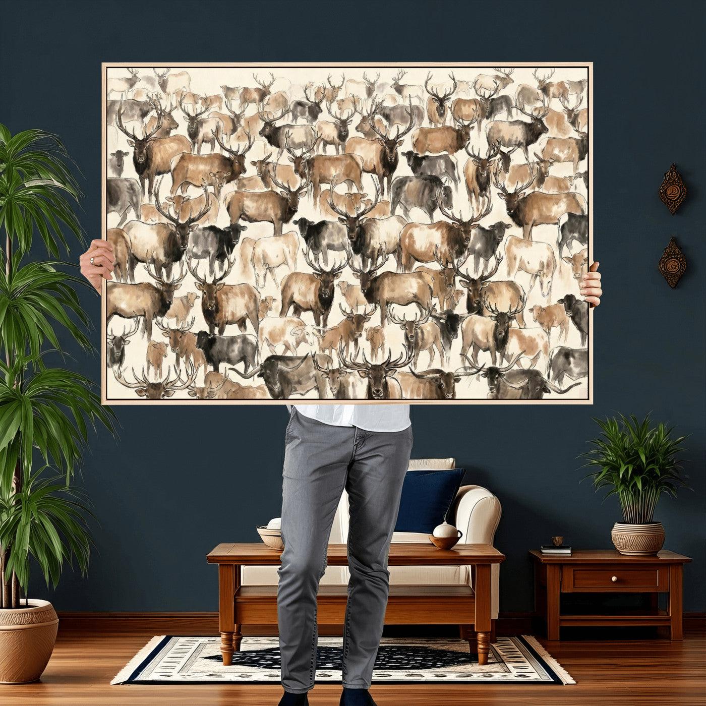 24374881-MGV-CV-36X24 - Farmhouse Animals Wall Art Canvas Print - Abstract Farm Animal Drawing Mid-Century Wall Art for Cabin Decor