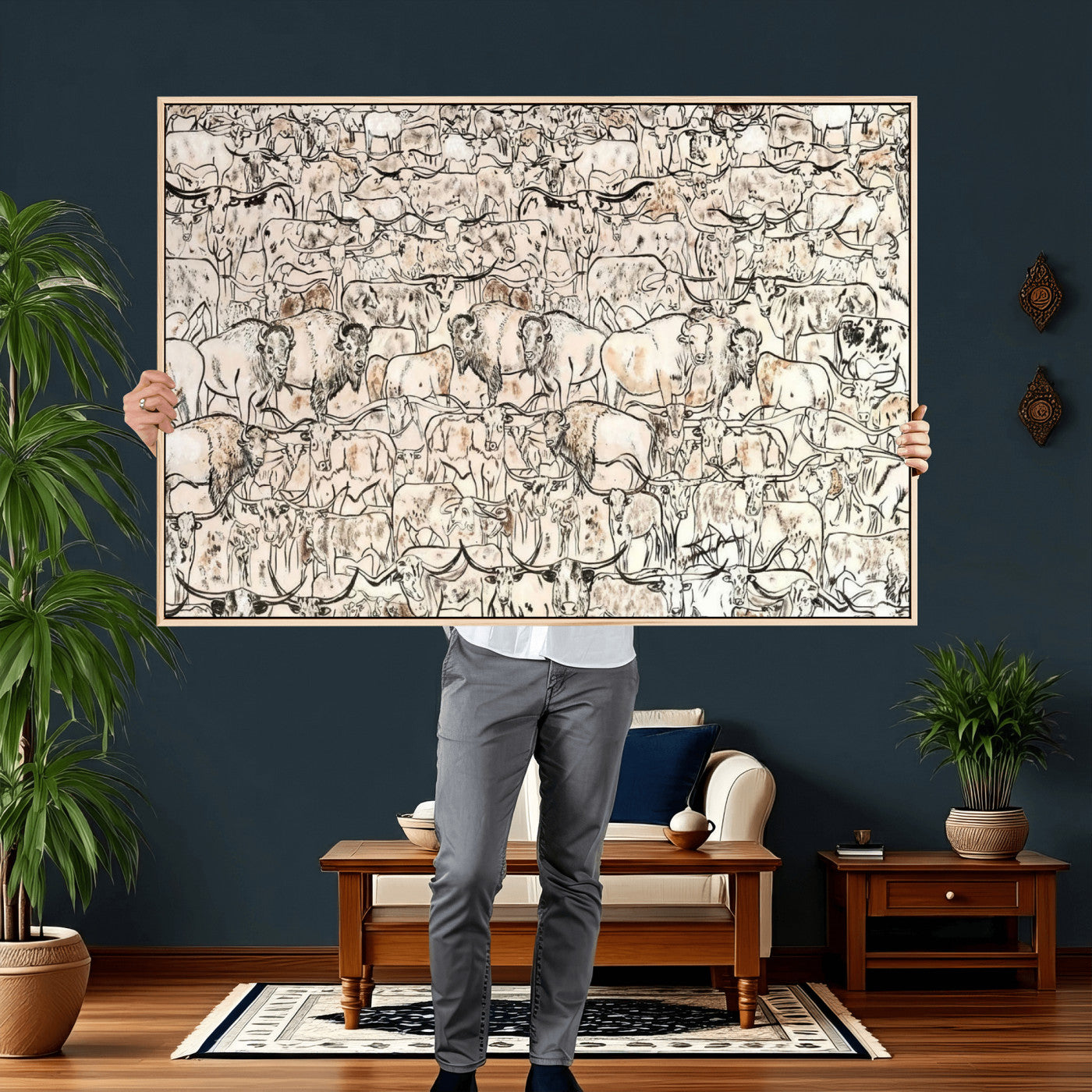 36925875-MGV-CV-36X24 - Farmhouse Animals Wall Art Canvas Print - Abstract Farm Animal Drawing Mid-Century Wall Art for Cabin Decor