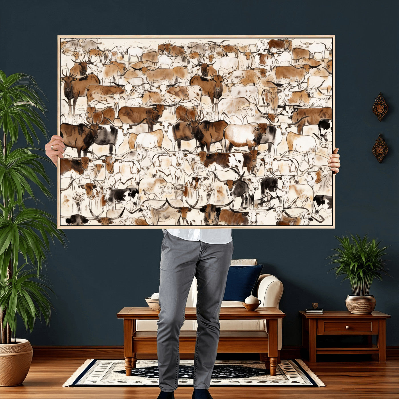 81416572-MGV-CV-36X24 - Farmhouse Animals Wall Art Canvas Print - Abstract Farm Animal Drawing Mid-Century Wall Art for Cabin Decor