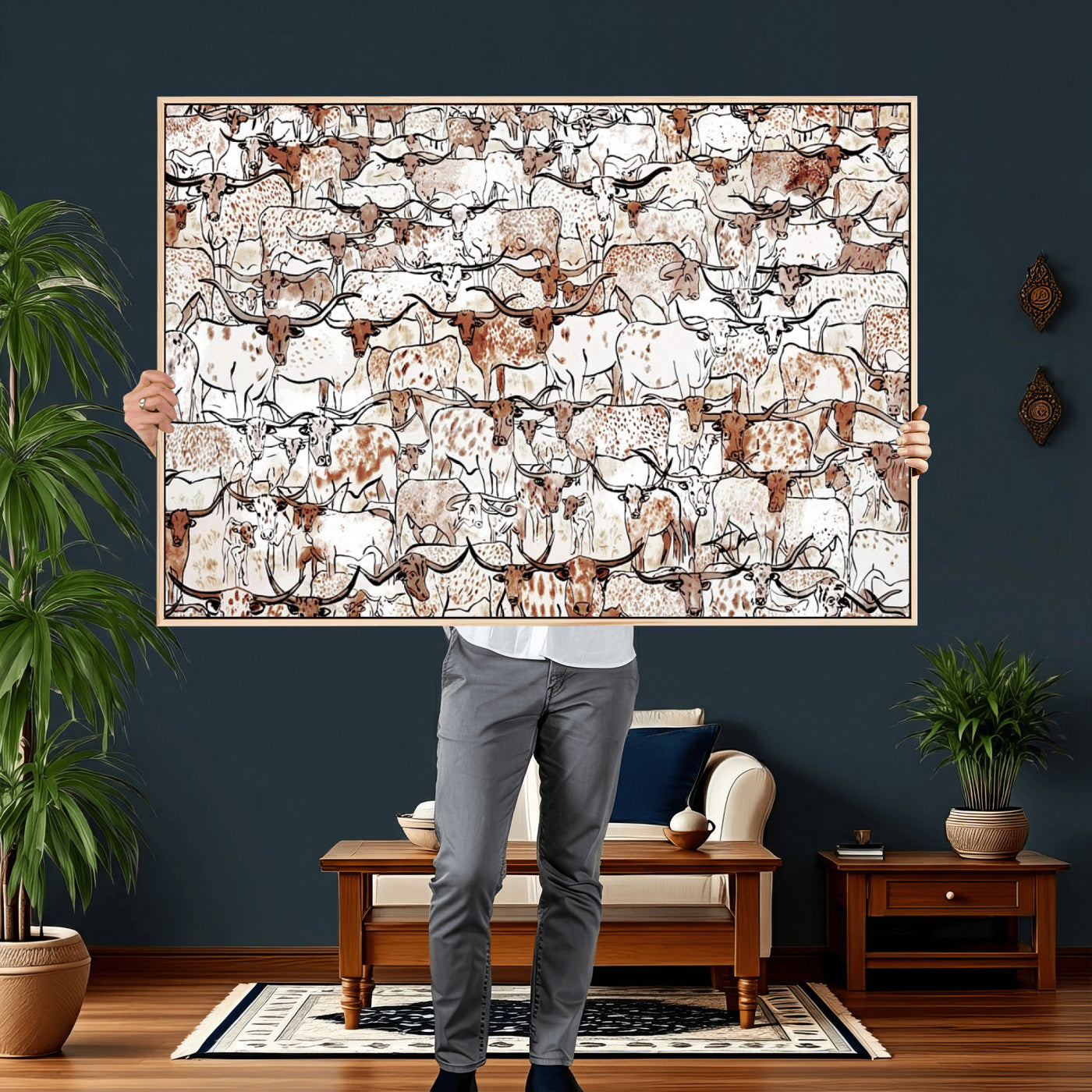 71869761-MGV-CV-36X24 - Farmhouse Animals Wall Art Canvas Print - Abstract Farm Animal Drawing Mid-Century Wall Art for Cabin Decor
