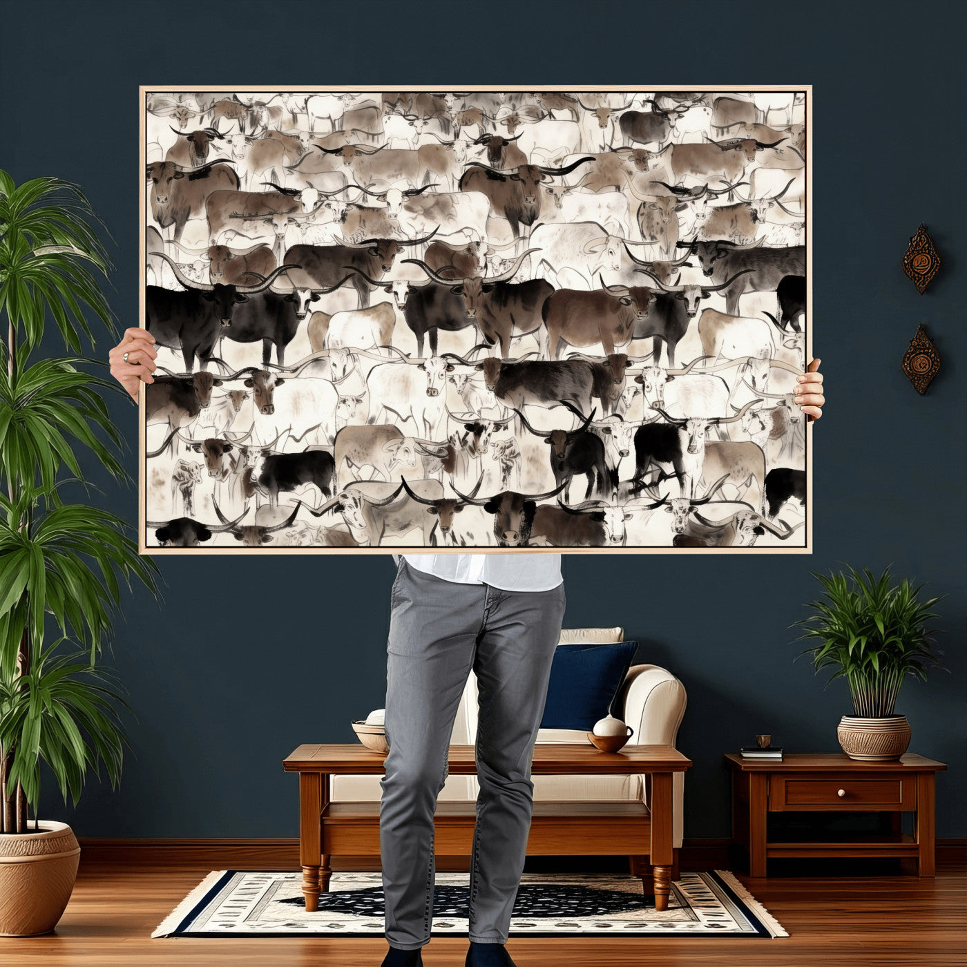 46084312-MGV-CV-36X24 - Farmhouse Animals Wall Art Canvas Print - Abstract Farm Animal Drawing Mid-Century Wall Art for Cabin Decor