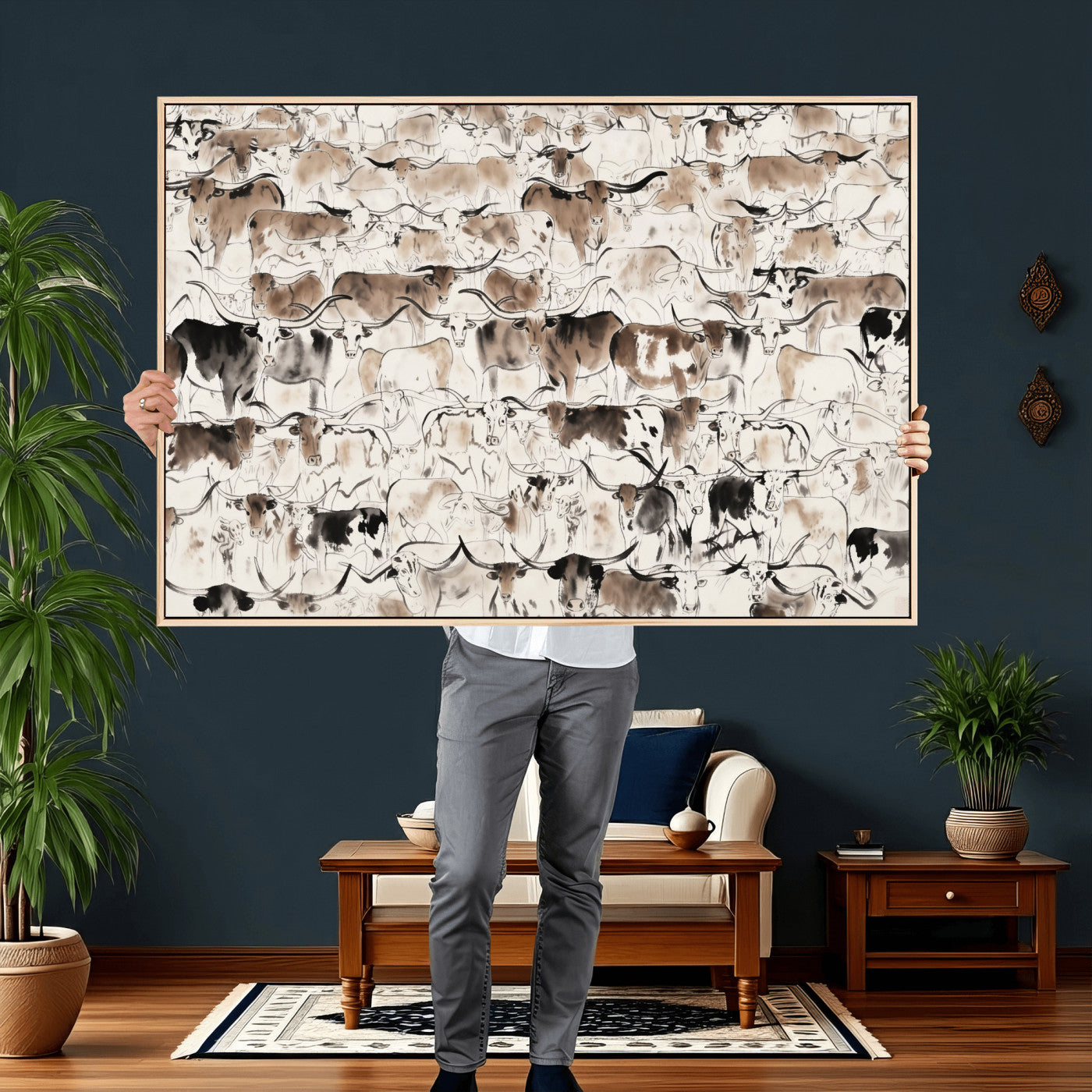 66685375-MGV-CV-36X24 - Farmhouse Animals Wall Art Canvas Print - Abstract Farm Animal Drawing Mid-Century Wall Art for Cabin Decor