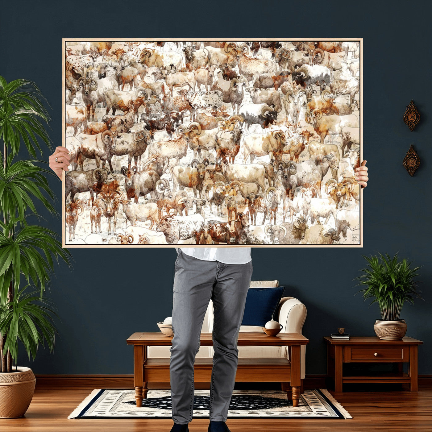 95103864-MGV-CV-36X24 - Farmhouse Animals Wall Art Canvas Print - Abstract Farm Animal Drawing Mid-Century Wall Art for Cabin Decor