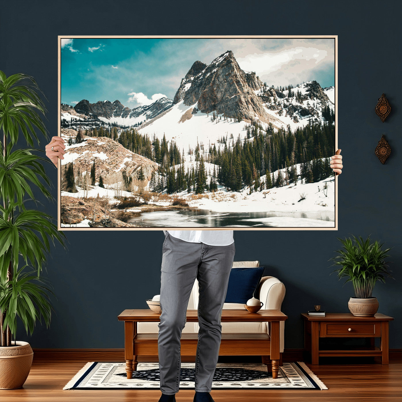 56837070-MGV-CV-36X24 - Snowy Mountain Landscape Wall Art Canvas Print, Alpine Pine Forest Winter Nature Wall Decor for Living Room and Office
