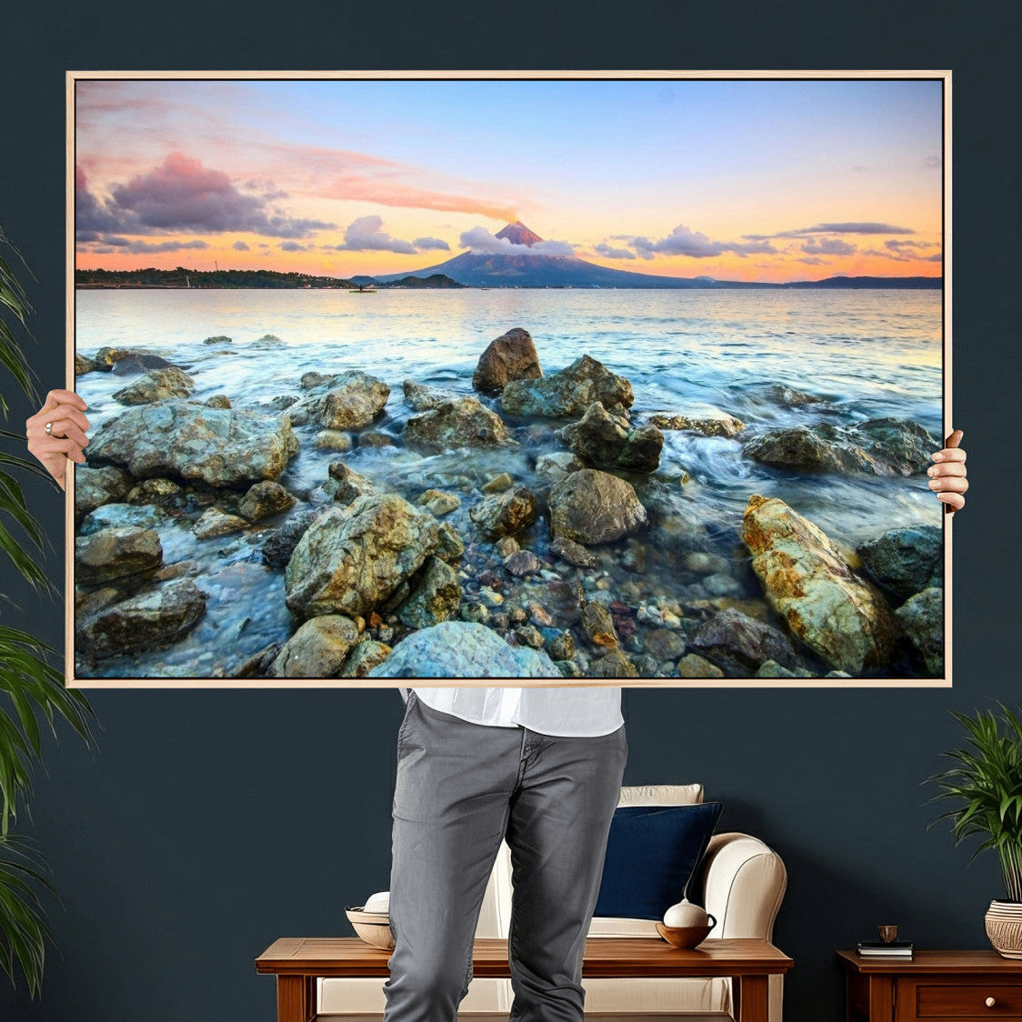 46869511-MGV-CV-36X24 - Mayon Volcano Seascape Landscape Wall Art Canvas Print, Tropical Ocean Shore Mountain Canvas Print, Philippines Coastal Scenic Art Printing