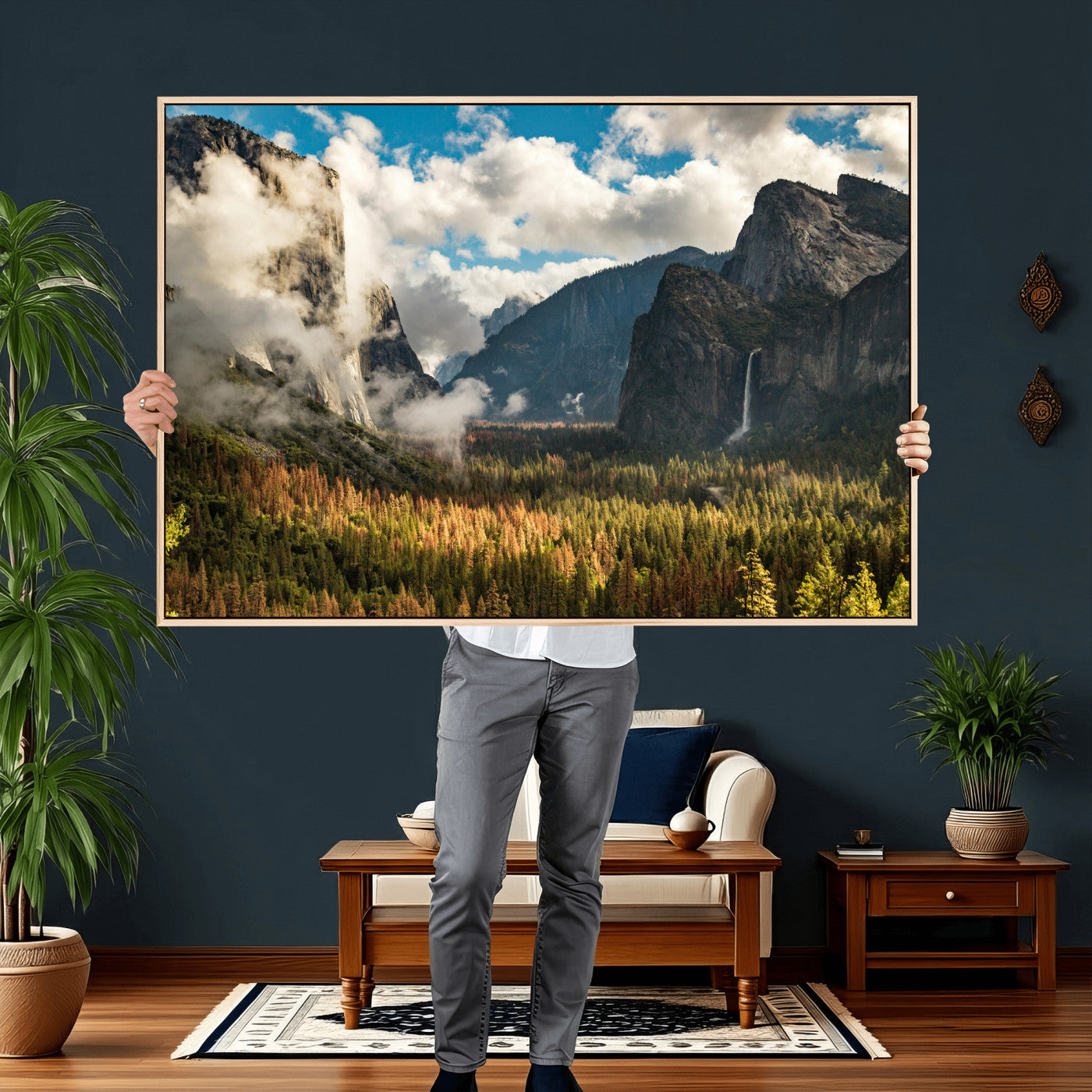 18271001-MGV-CV-36X24 - Yosemite Valley River Landscape Wall Art Canvas Print, Granite Cliffs Forest River Canvas Print, California National Park Moody Scenic Art Printi