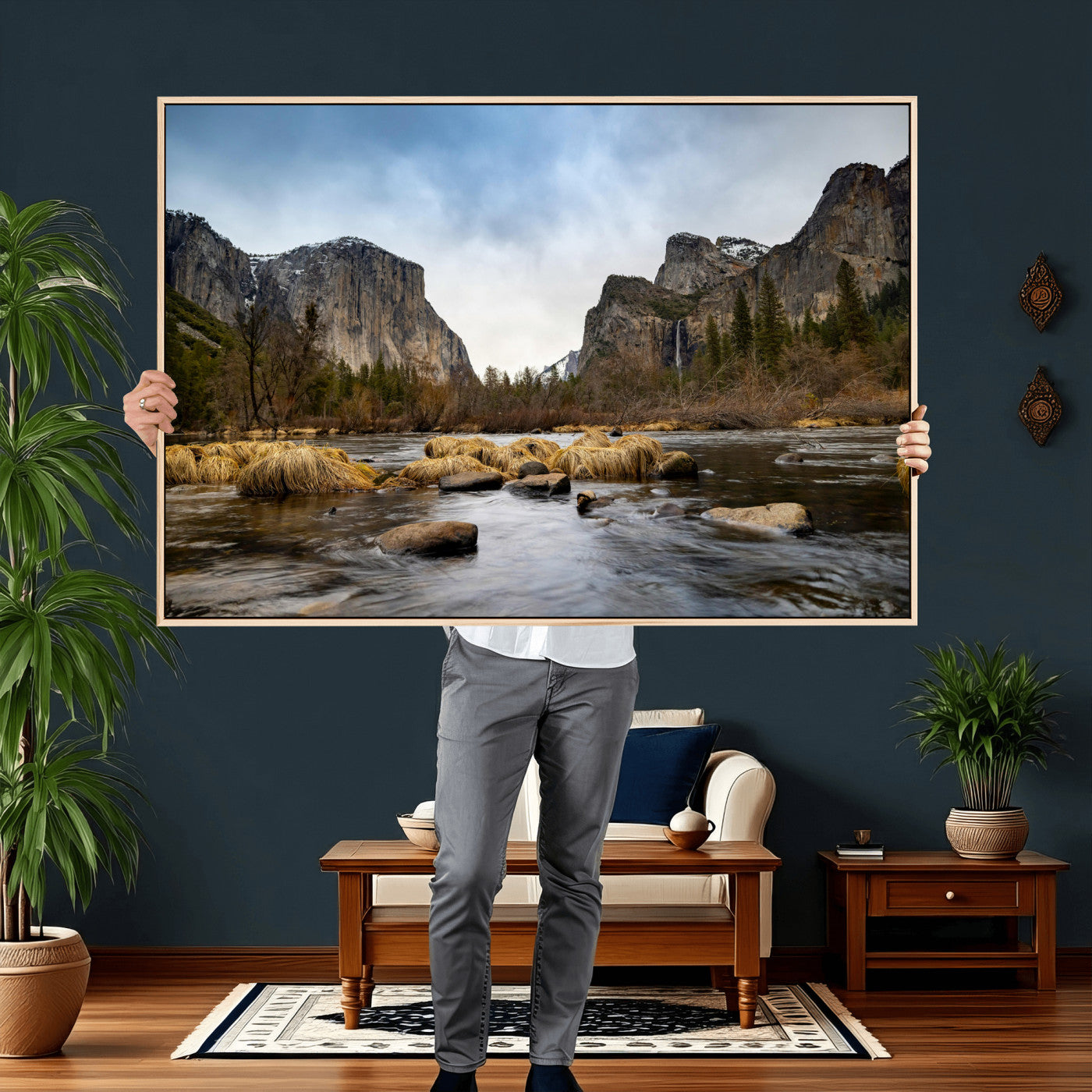 20458404-MGV-CV-36X24 - Yosemite Valley Mountain Landscape Wall Art Canvas Print, Granite Cliff Forest Valley Canvas Print, California National Park Scenic Art Printing