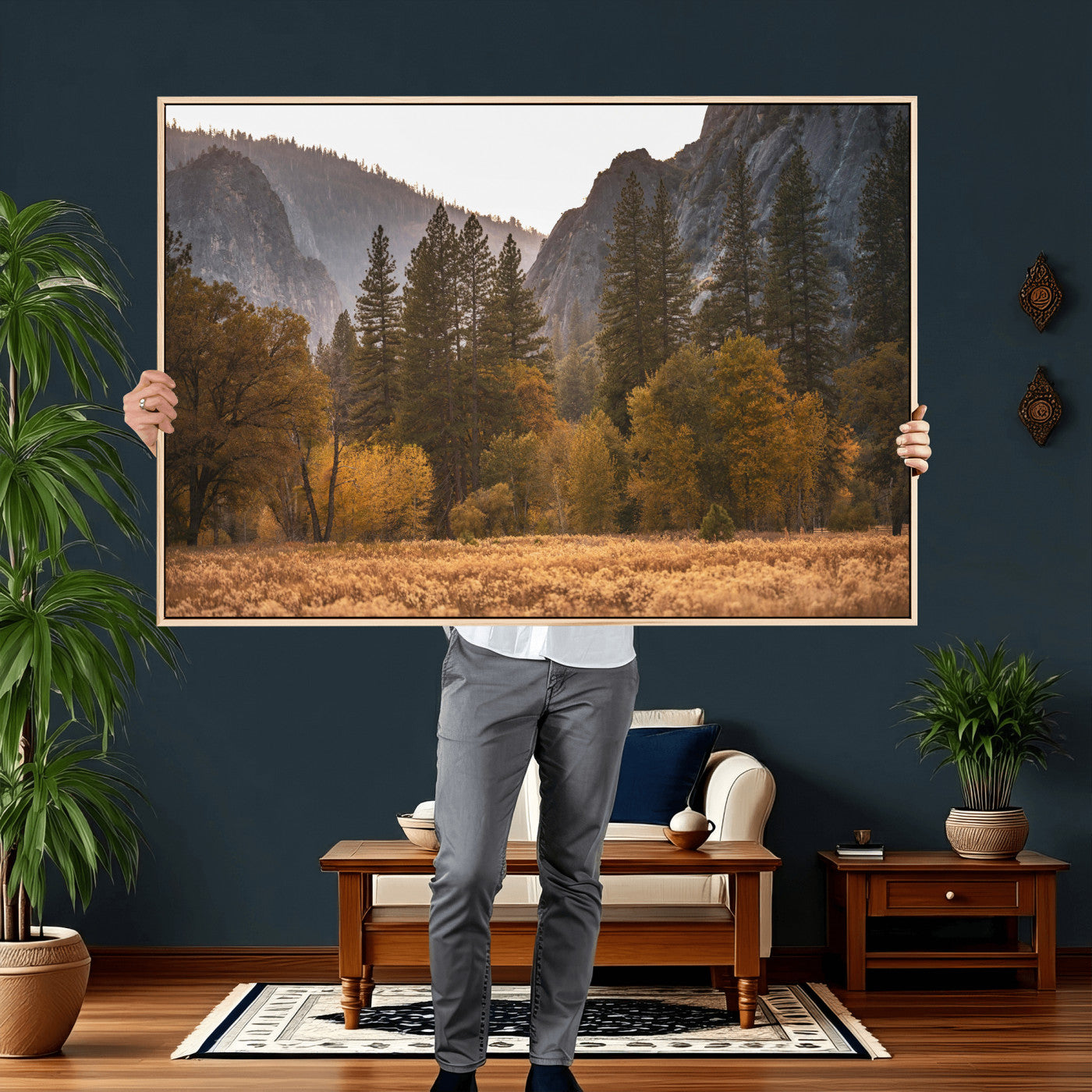 61682763-MGV-CV-36X24 - Yosemite Valley Autumn Forest Landscape Wall Art Canvas Print, Granite Mountain Pine Trees Canvas Print, California National Park Fall Scenic Art Printing