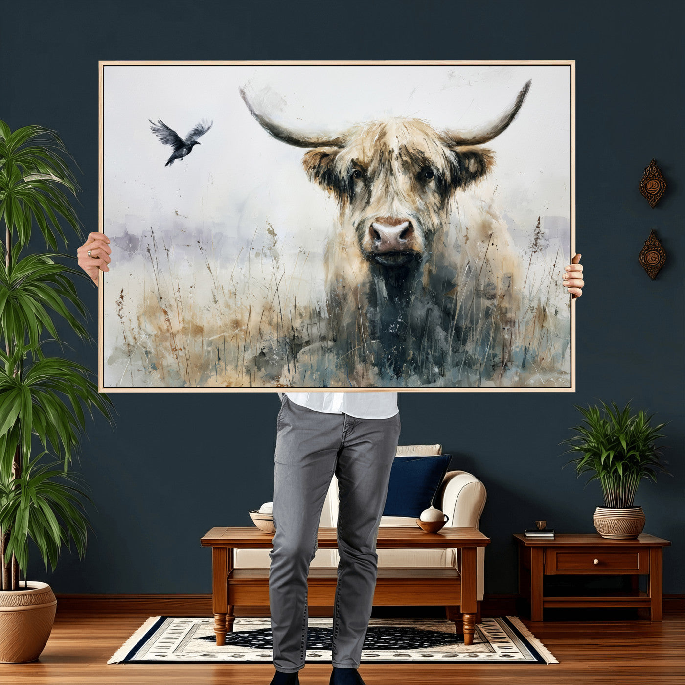 55652651-MGV-CV-36X24 - Abstract Highland Cow Watercolor Animal Wall Art Canvas Print, Rustic Farm Cattle Portrait Canvas Print, Neutral Wildlife Farmhouse Art Printing