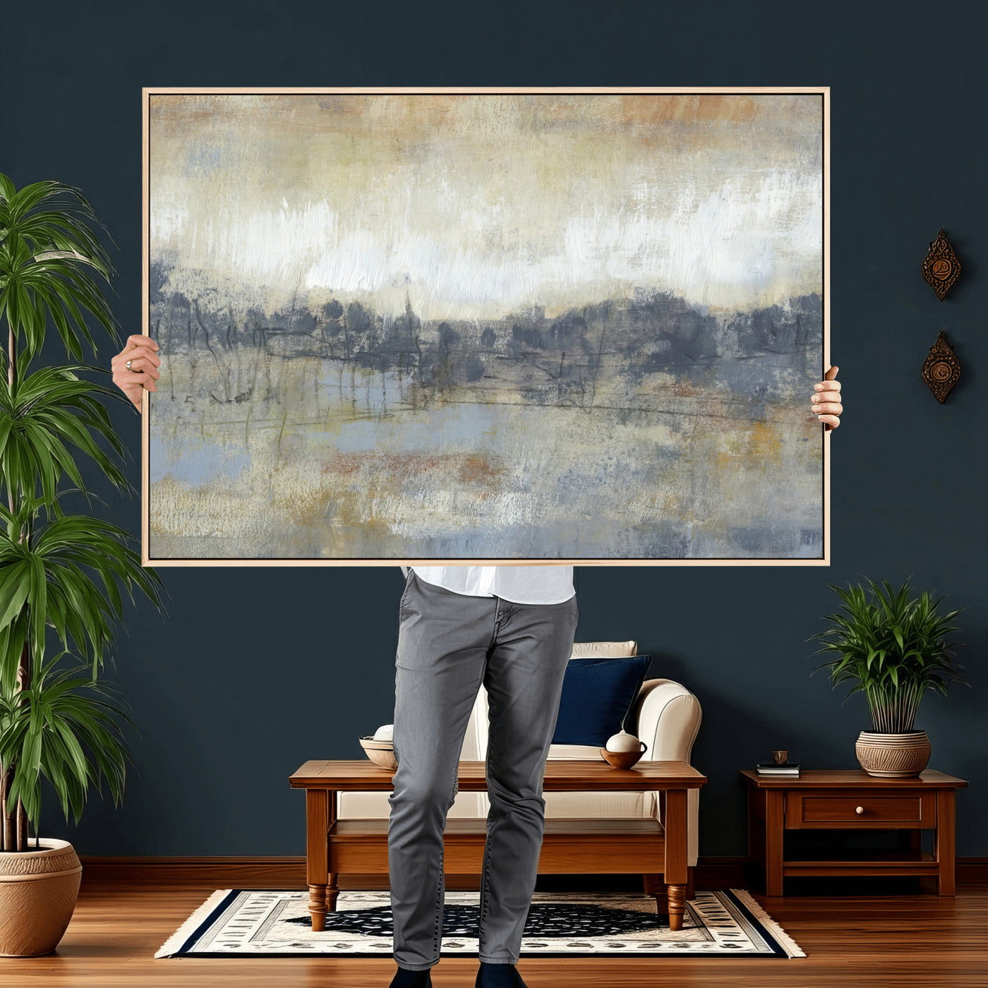 73973590-MGV-CV-36X24 - Abstract Neutral Landscape Painting Wall Art Canvas Print, Modern Minimal Texture Horizon Canvas Print, Beige Gray Contemporary Abstract Art Printing