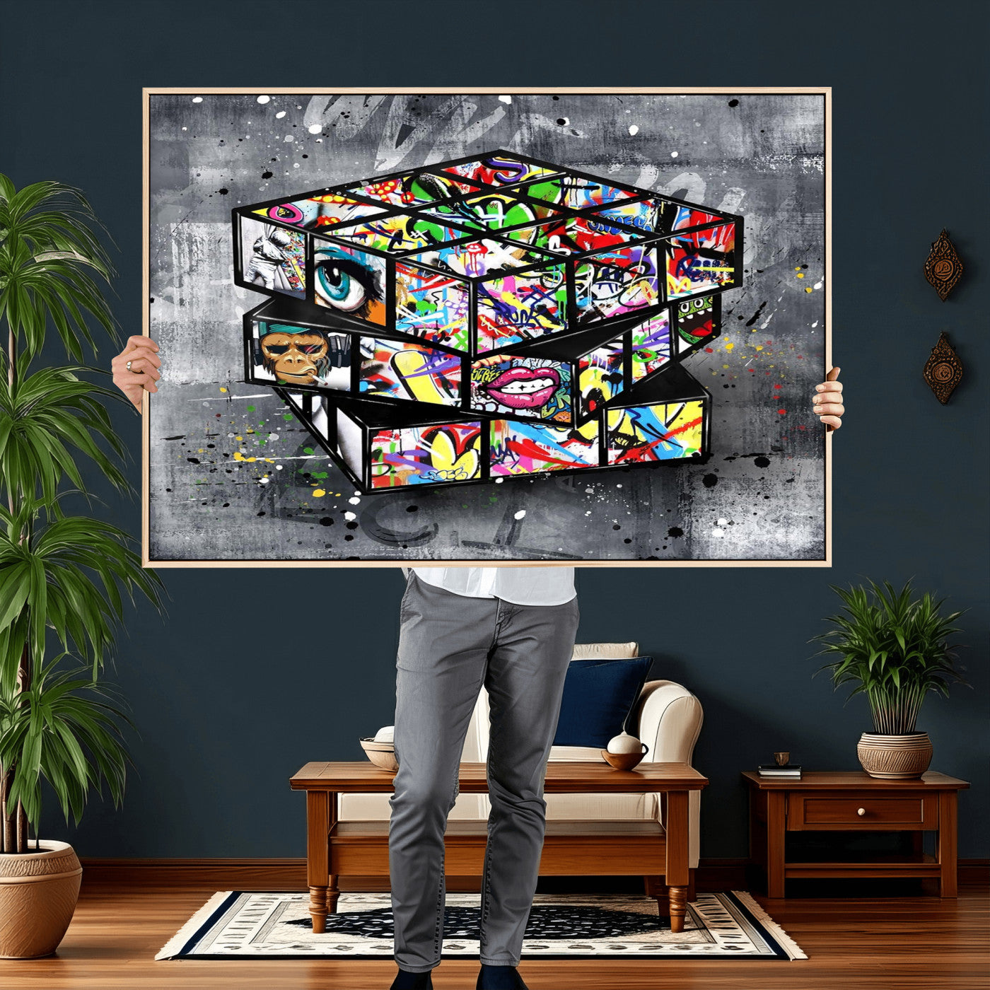 46789556-MGV-CV-36X24 - Graffiti Cube Abstract Street Art Wall Art Canvas Print, Colorful Urban Pop Art Geometric Canvas Print, Modern Street Art Contemporary Art Printing