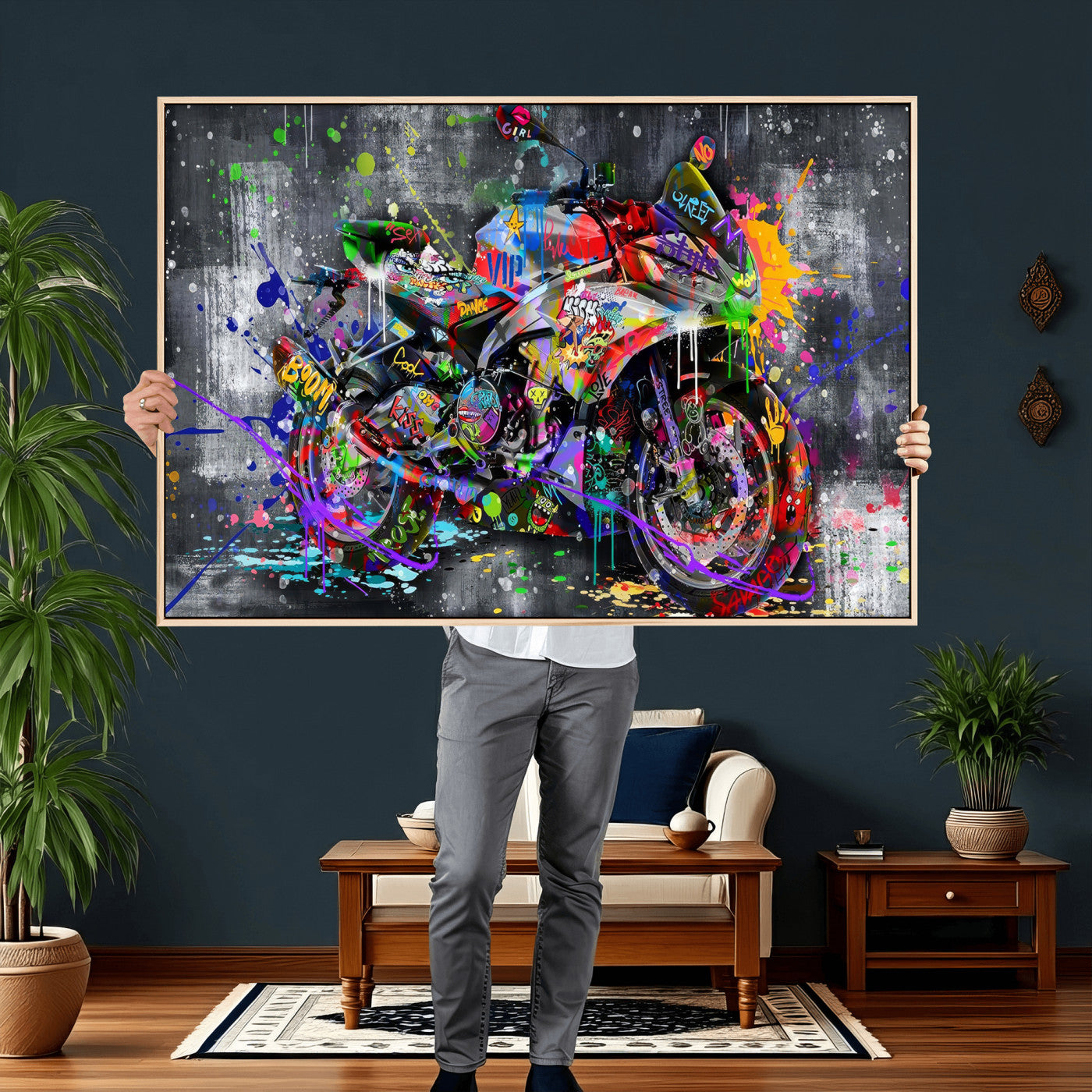 83021767-MGV-CV-36X24 - Graffiti Motorcycle Wall Art Canvas Print, Urban Street Art Motorbike Decor, Colorful Graffiti Sports Bike Artwork