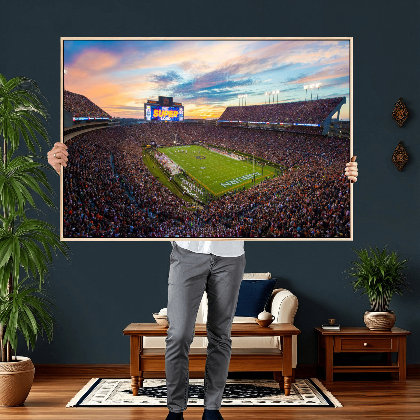 75203764-MGV-CV-36X24 - Auburn Stadium Sunset Wall Art Canvas Print, Jordan Hare Stadium Game Day Crowd, Auburn Tigers Football Artwork