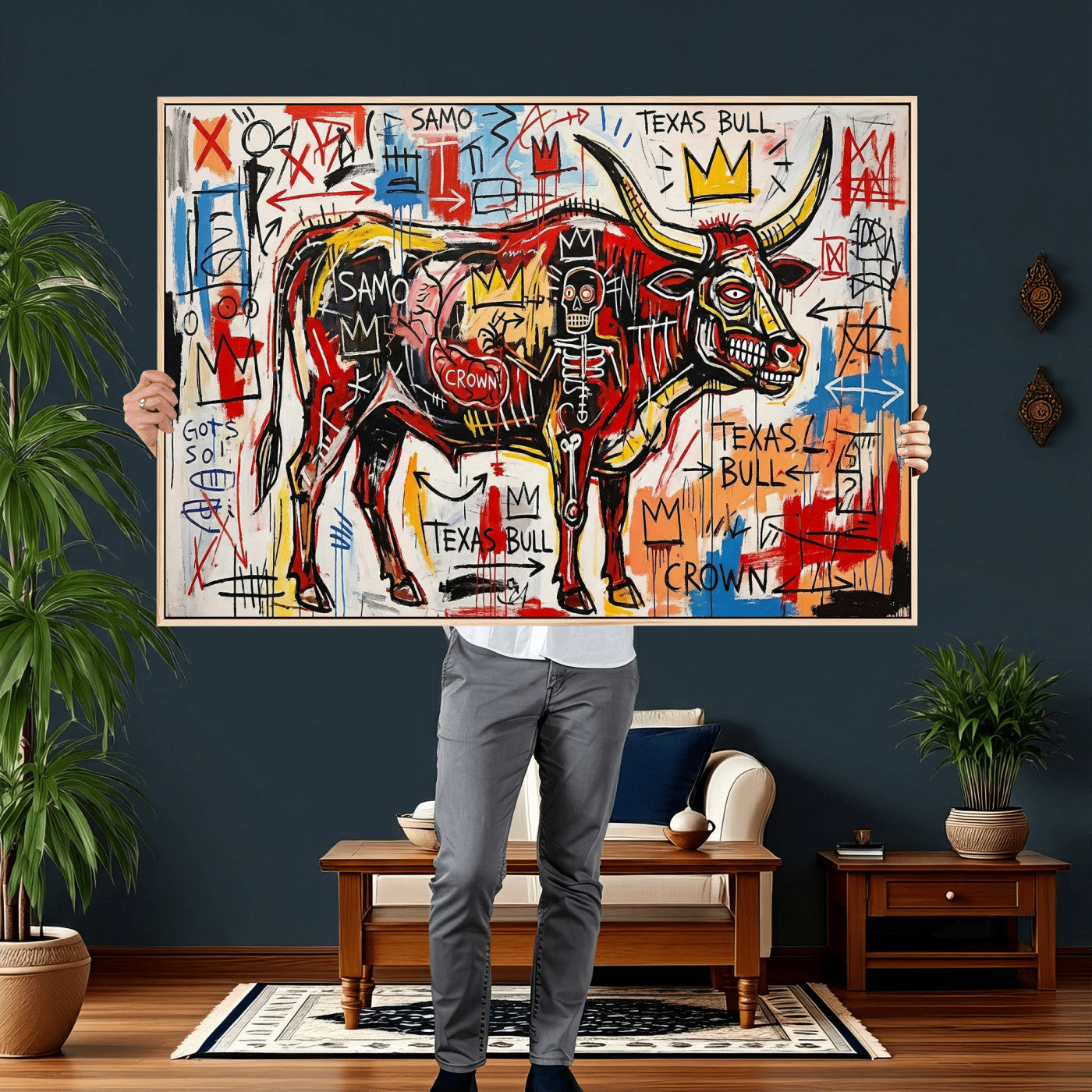 89504579-MGV-CV-36X24 - TITLE: Texas Bull Wall Art Canvas Print, Abstract Graffiti Bull Painting, Western Animal Art, Modern Ranch Decor