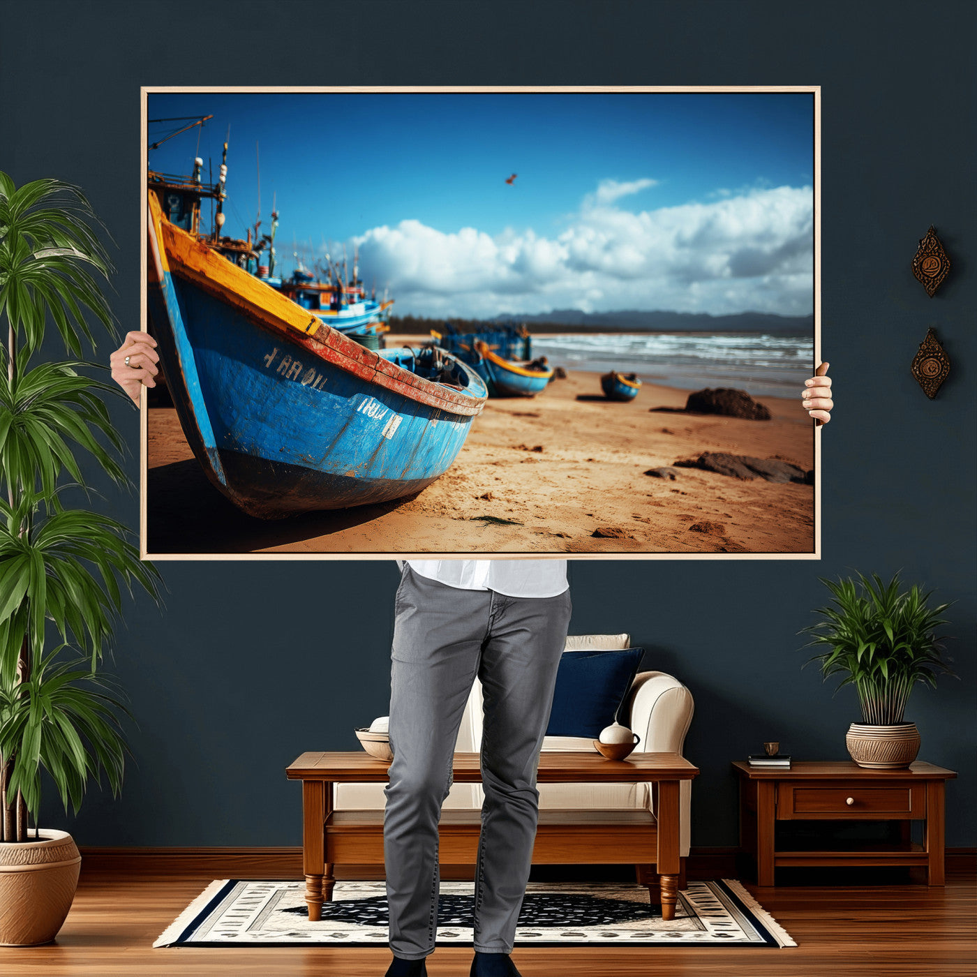 70925201-MGV-CV-36X24 - Fishing Boats Wall Art Canvas Print, Coastal Boat Beach Scene, Nautical Seaside Artwork, Ocean Shore Decor, Coastal Home Wall Art