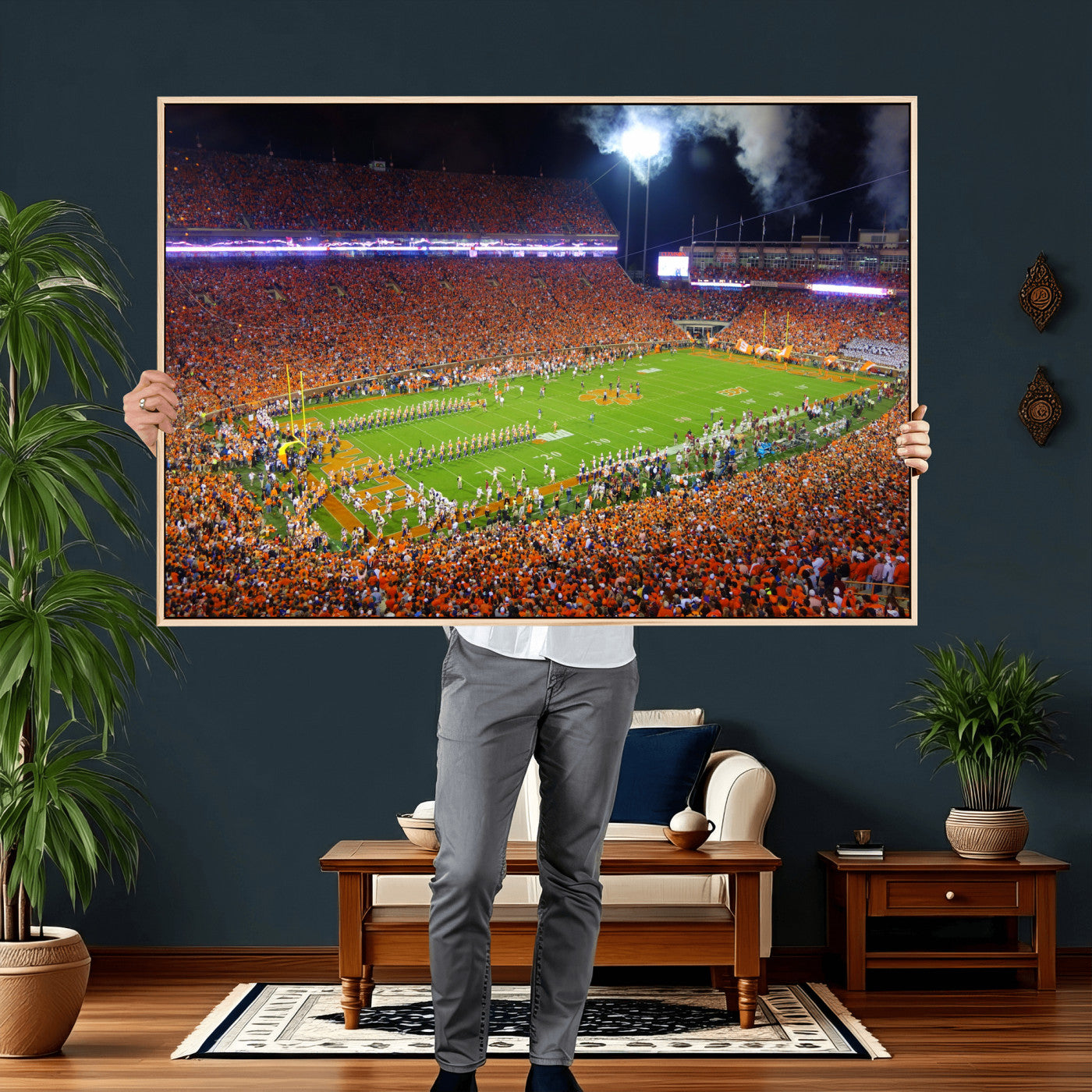 43662631-MGV-CV-36X24 - Clemson Football Stadium Wall Art Canvas Print, College Football Crowd Night Game Scene, Orange Stadium Panorama Wall Decor