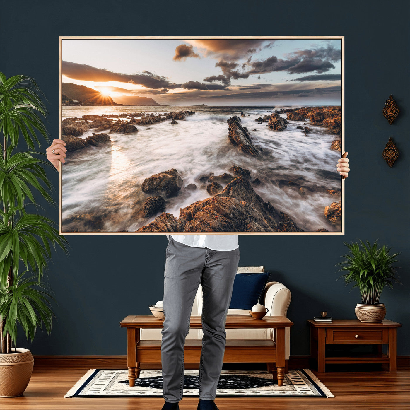 66746024-MGV-CV-36X24 - Rocky Coast Ocean Sunset Wall Art Canvas Print, Dramatic Seascape Nature Wall Decor for Living Room and Office