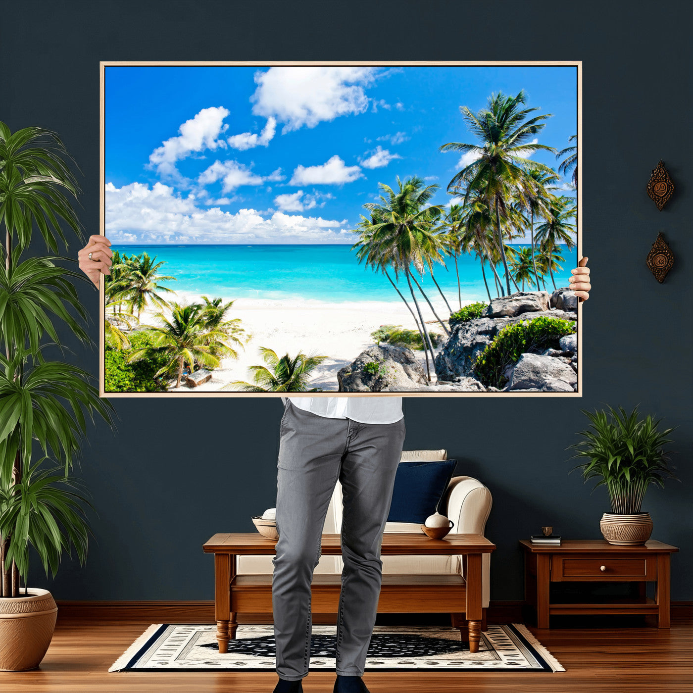 51097197-MGV-CV-36X24 - Tropical Beach Wall Art Canvas Print, Palm Tree Ocean Landscape Photography, Caribbean Coastal Artwork