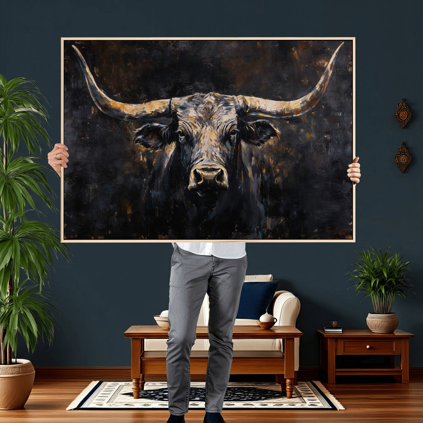 17622011-MGV-CV-36X24 - Abstract Longhorn Bull Wall Art Canvas Print – Dark Rustic Western Cattle Artwork for Farmhouse, Ranch, Cabin, and Office Decor