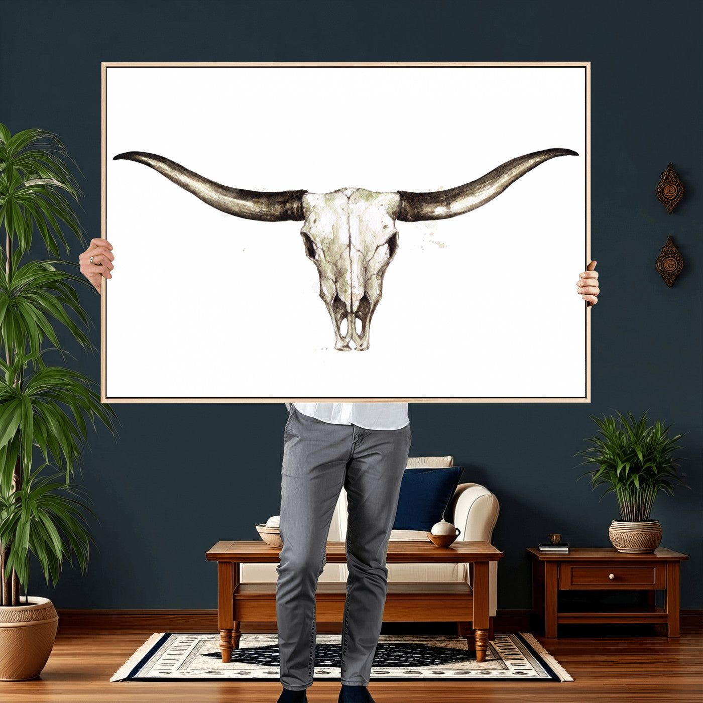42788678A-MGV-CV-36X24 - Longhorn Skull Wall Art Canvas Print – Rustic Western Artwork Print for Living Room Wall Decor