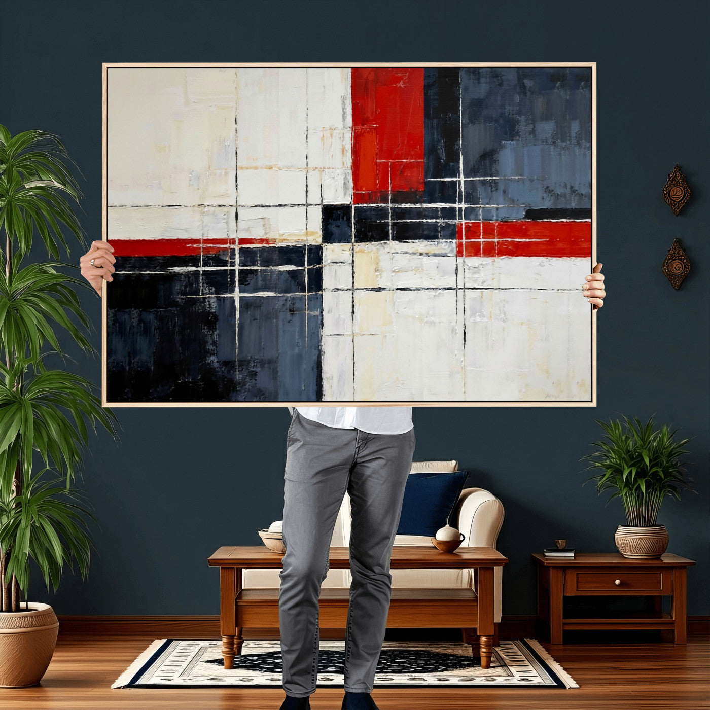 11921181-MGV-CV-36X24 - Navy Red Abstract Wall Art Canvas Print, Modern Luxury Geometric Painting Wall Decor for Living Room and Office