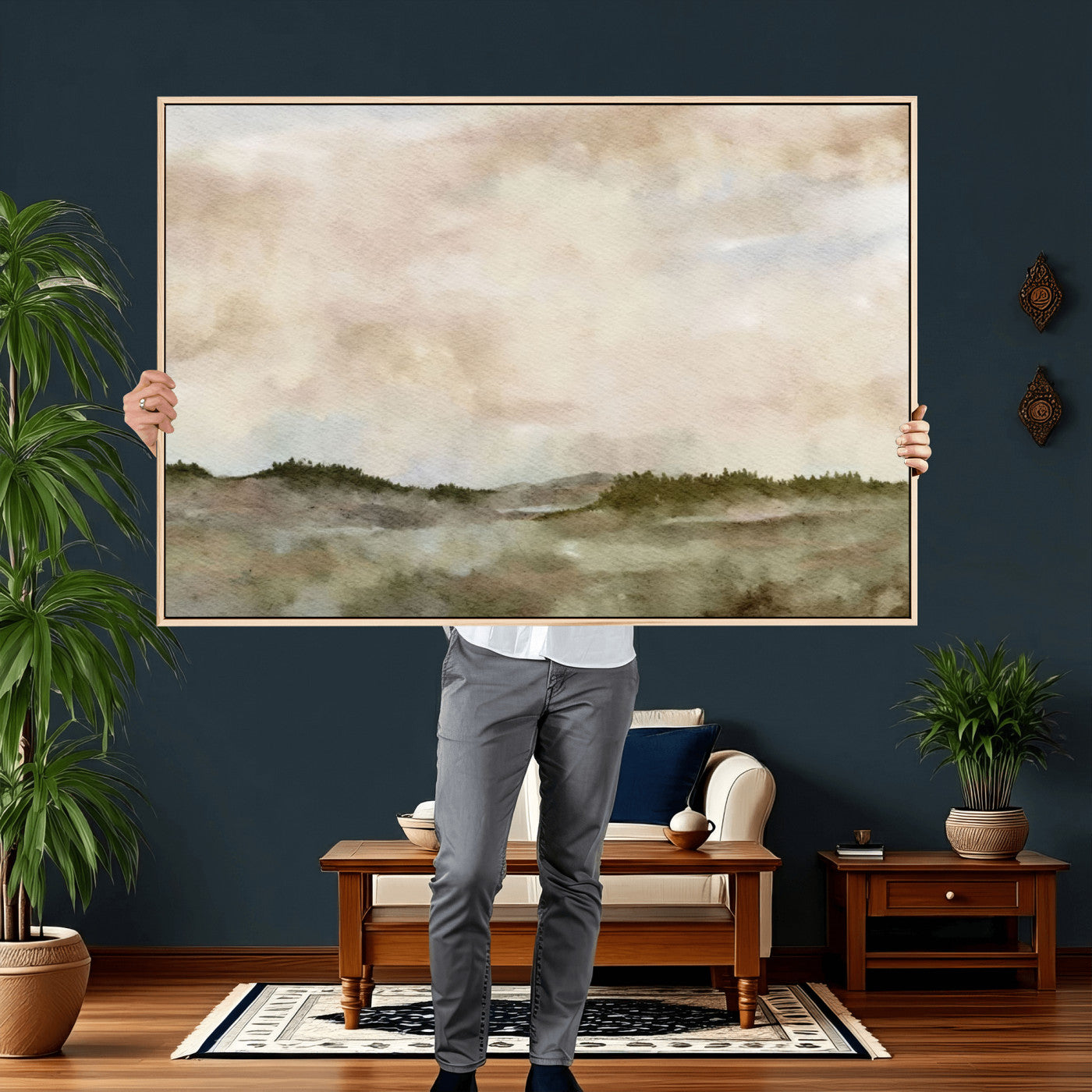 13578069-MGV-CV-36X24 - Abstract Landscape Wall Art Canvas Print, Watercolor Pastoral Landscape Painting Wall Decor for Modern Farmhouse Interiors