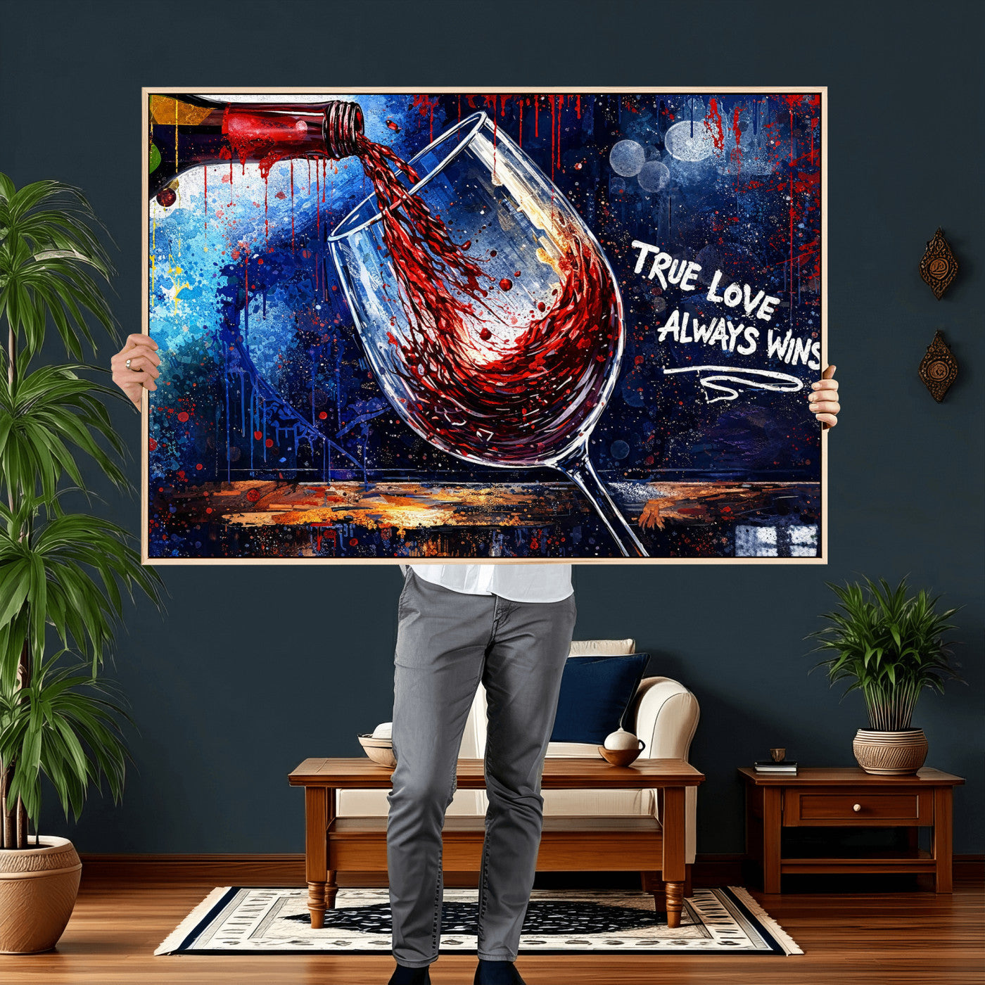 88788932-MGV-CV-36X24 - Red Wine Splash Abstract Wall Art Canvas Print, Modern Wine Glass Painting Canvas Print, Romantic Quote Contemporary Bar Art Print