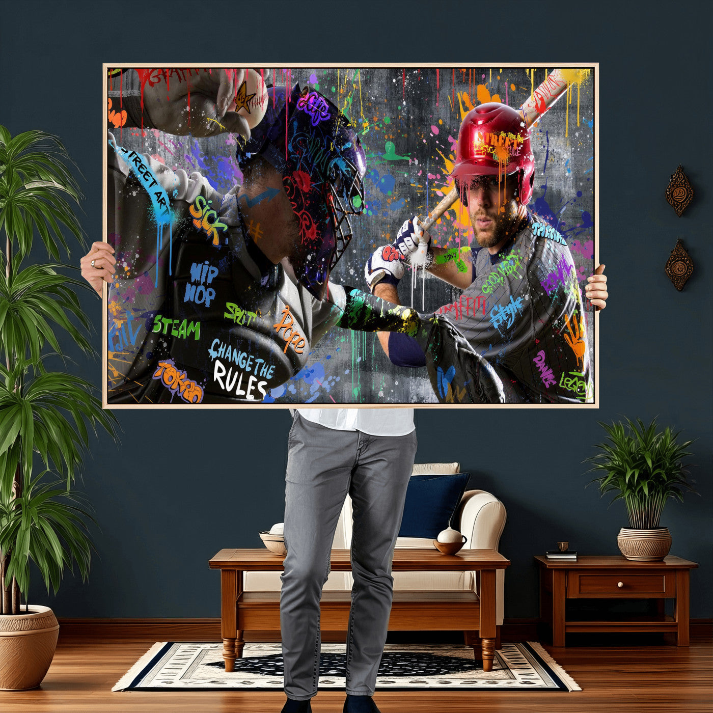 19634994-MGV-CV-36X24 - Graffiti Baseball Player Street Art Wall Art Canvas Print, Urban Sports Pop Art Baseball Canvas Print, Modern Athletic Graffiti Contemporary Art Printing