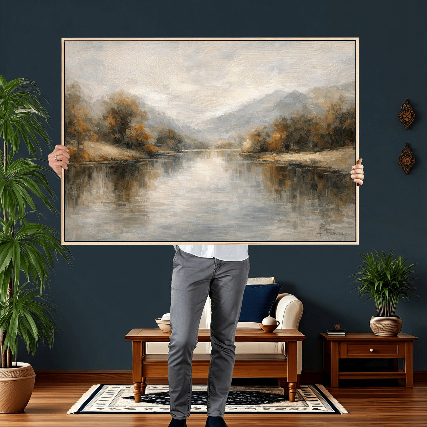 29251761-MGV-CV-36X24 - Neutral Abstract River Landscape Wall Art Canvas Print, Modern Minimal Nature Reflection Canvas Print, Beige Gray Contemporary Mountain Art Printing