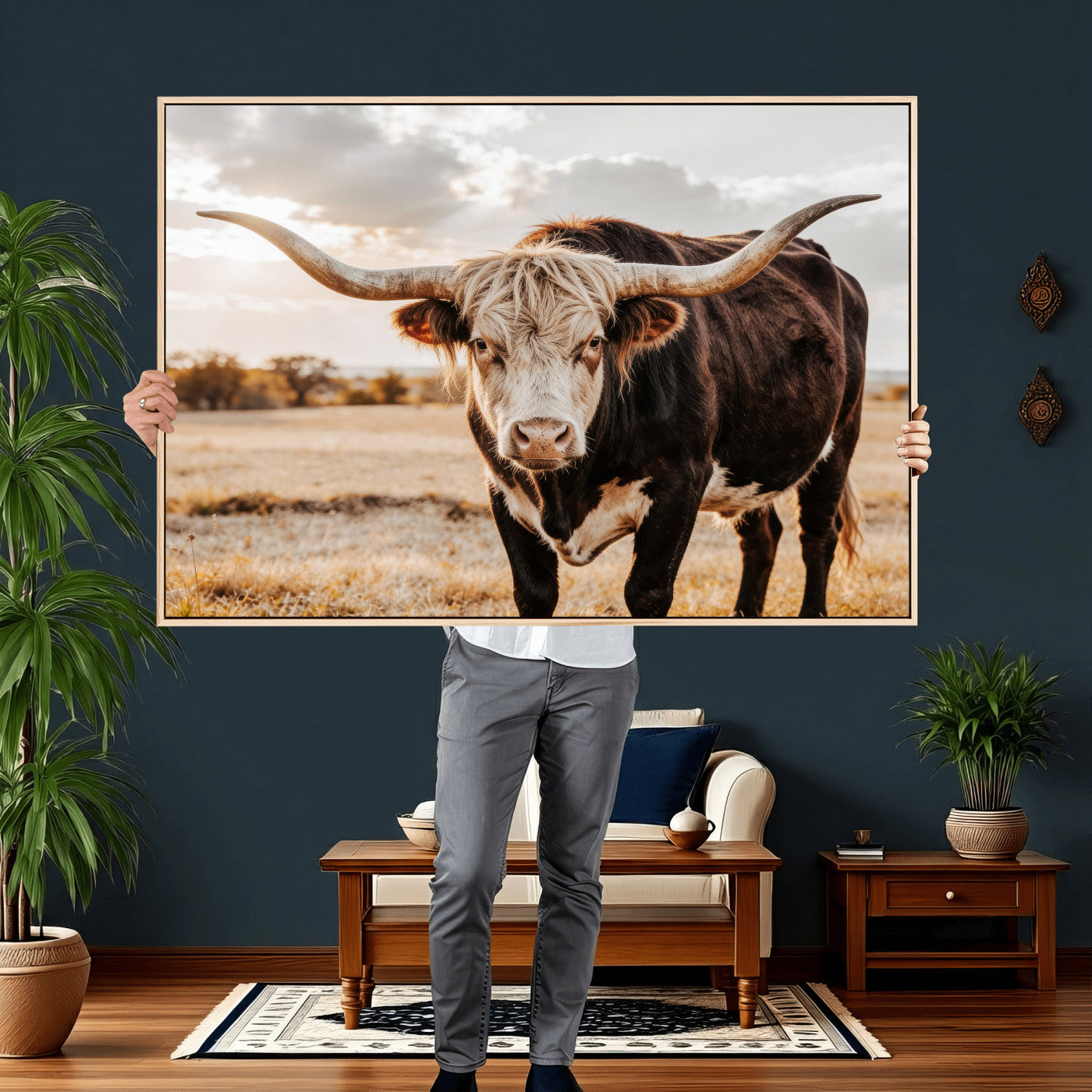 88230279-MGV-CV-36X24 - Texas Longhorn Bull Rustic Wall Art Canvas Print, Western Cattle Photography Canvas Print, Ranch Farm Animal Western Art Printing