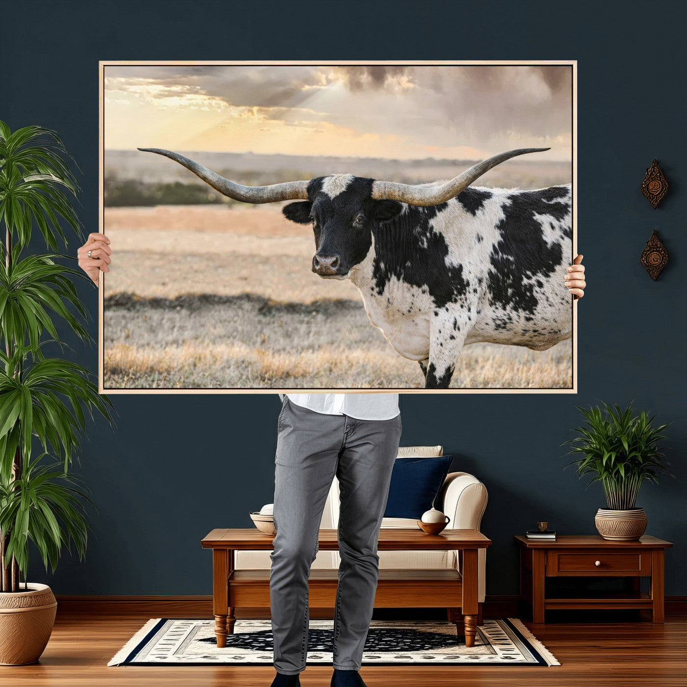 49350433-MGV-CV-36X24 - Texas Longhorn Bull Rustic Wall Art Canvas Print, Western Cattle Photography Canvas Print, Ranch Farm Animal Western Art Printing