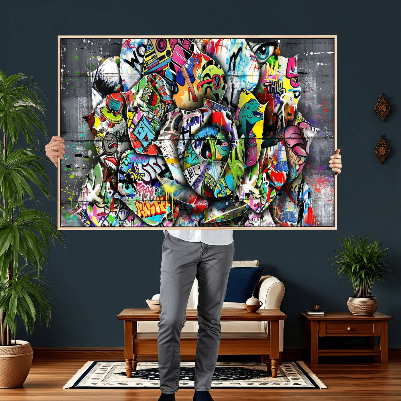 77553344-MGV-CV-36X24 - Abstract Graffiti Collage Street Art Wall Art Canvas Print, Colorful Urban Pop Art Canvas Print, Modern Graffiti Patchwork Contemporary Art Printing