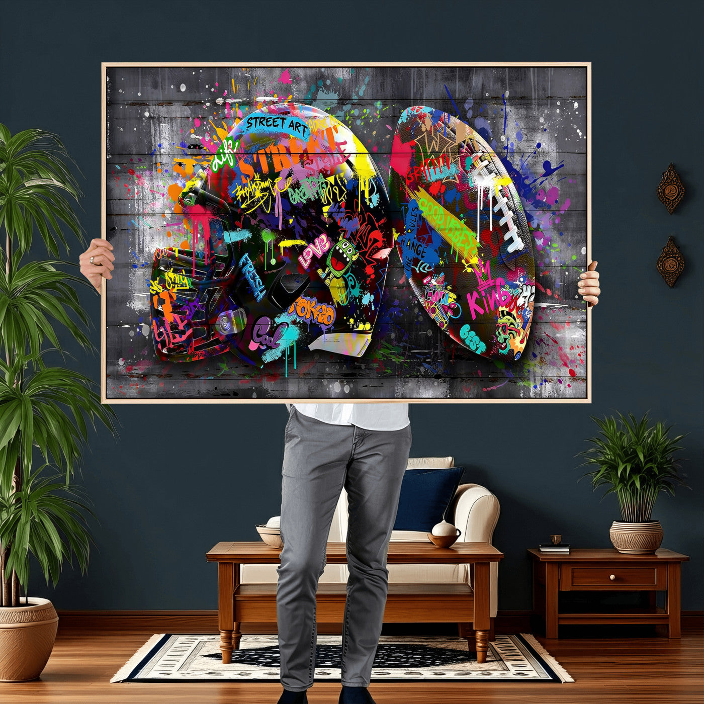 80540773-MGV-CV-36X24 - Graffiti American Football Helmet Street Art Wall Art Canvas Print, Urban Sports Pop Art Football Canvas Print, Colorful Graffiti Sports Contemporary Art Printing