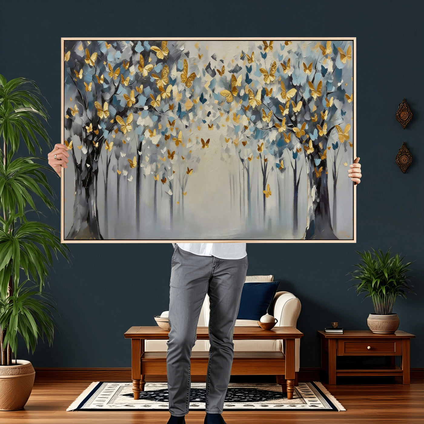 79208191-MGV-CV-36X24 - Golden Butterfly Tree Abstract Wall Art Canvas Print, Modern Elegant Nature Painting Canvas Print, Blue Gold Contemporary Floral Art Printing