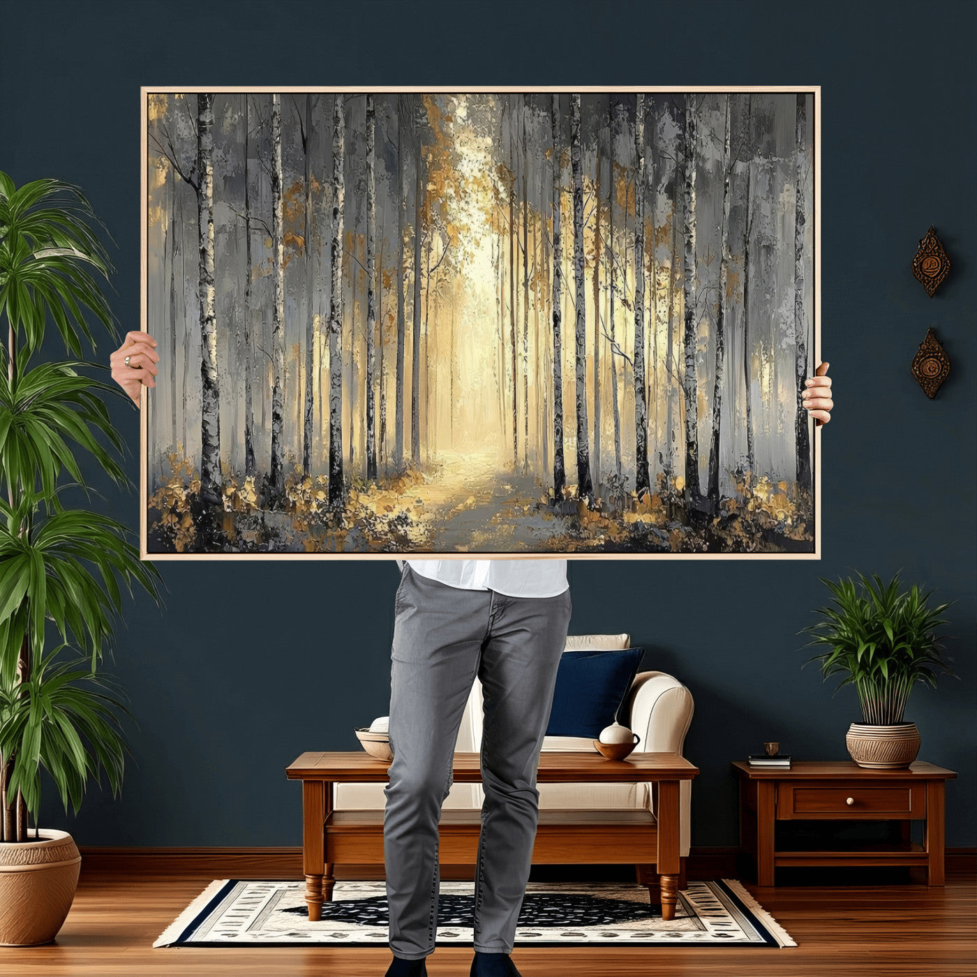 41017042-MGV-CV-36X24 - Abstract Birch Forest Wall Art Canvas Print – Modern Neutral Woodland Landscape Artwork for Living Room Decor