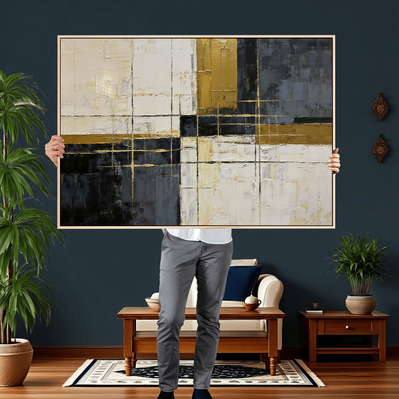 36097945-MGV-CV-36X24 - Abstract Gold and Black Wall Art Canvas Print – Modern Geometric Neutral Artwork for Living Room Decor